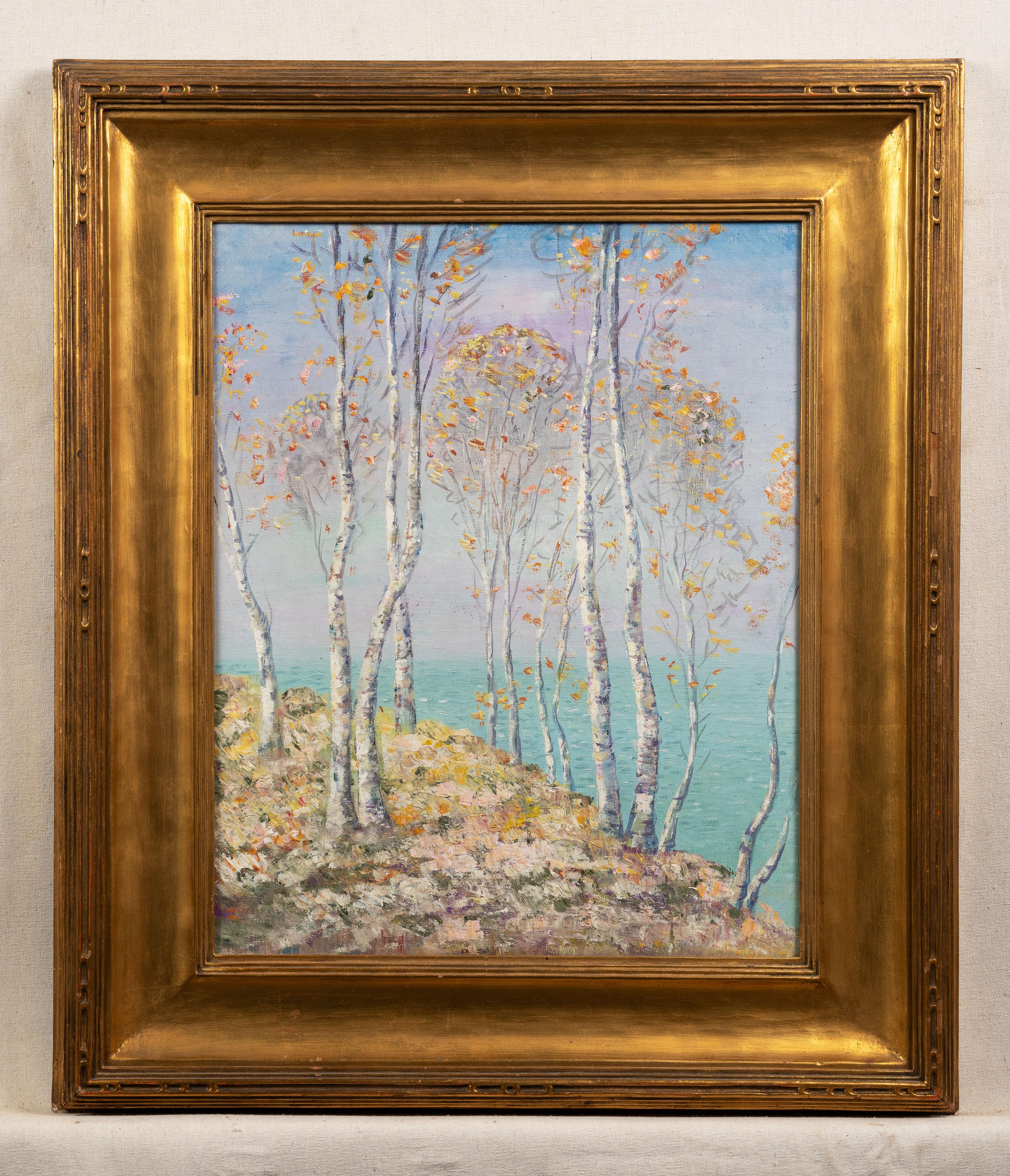 Antique Finely Framed Paper Birch New England Coastal Seascape Original Painting For Sale 1