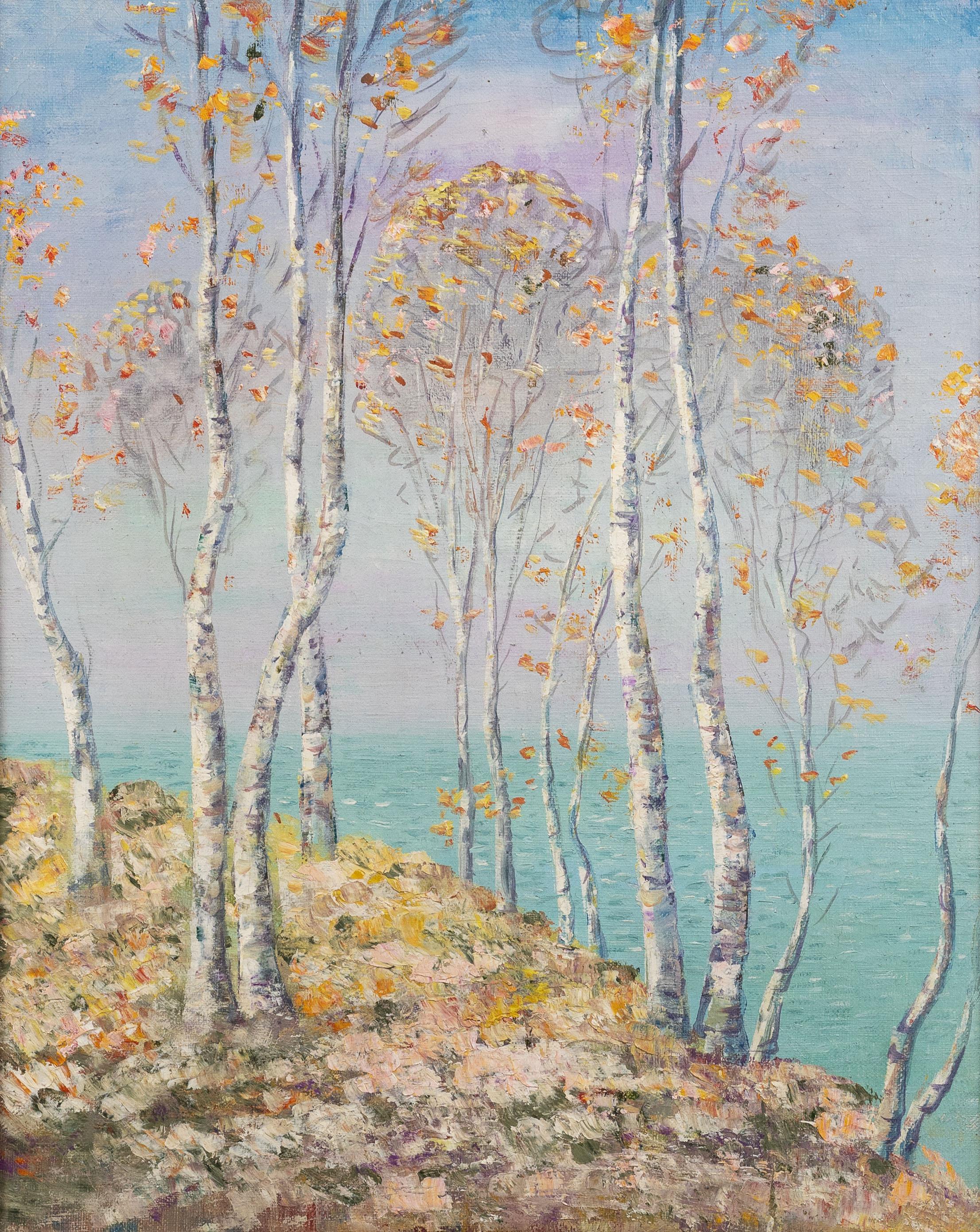 Antique Finely Framed Paper Birch New England Coastal Seascape Original Painting For Sale 2