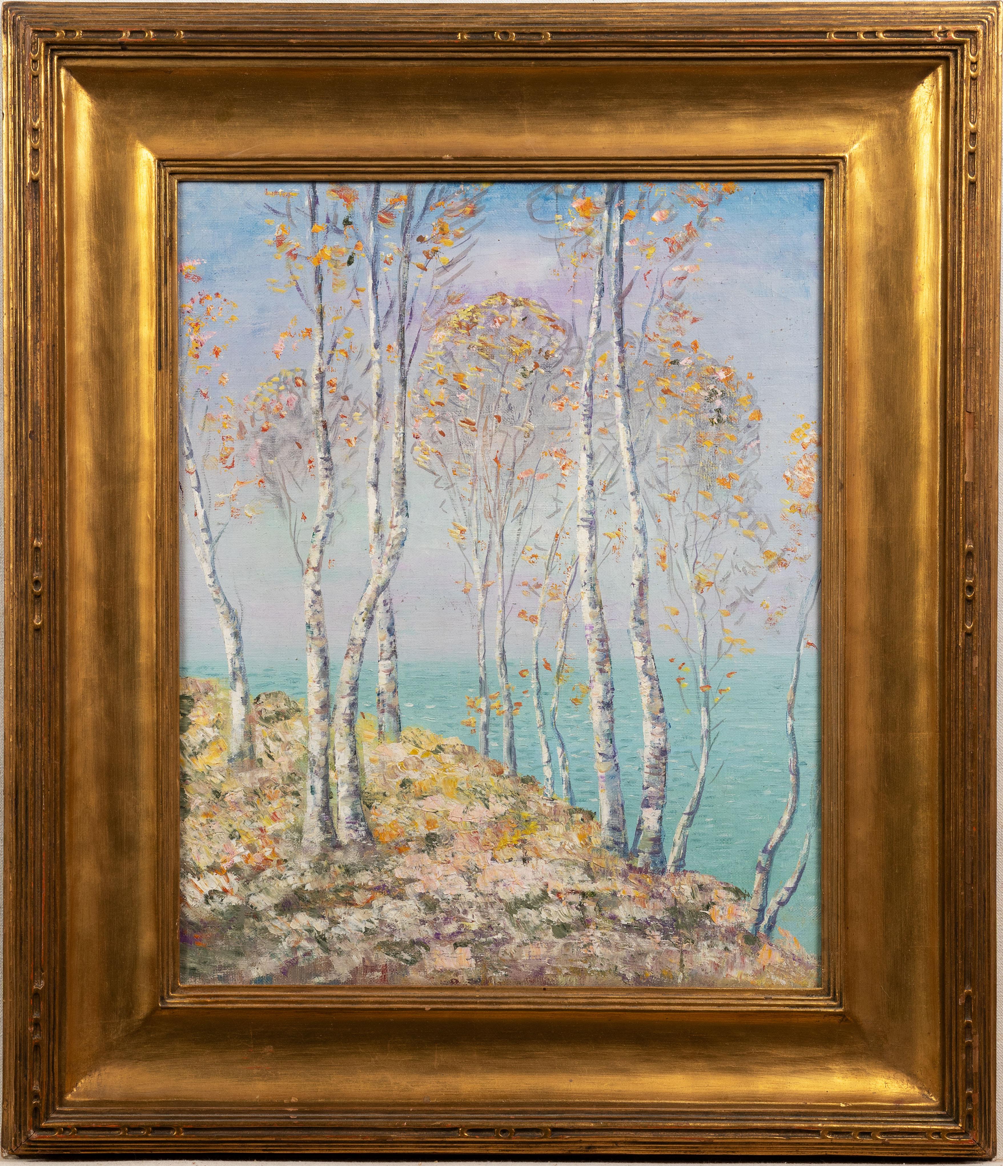 Unknown Landscape Painting - Antique Finely Framed Paper Birch New England Coastal Seascape Original Painting