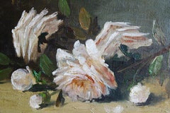 Antique Floral Still Life Oil Painting of Pink Roses in Gilt Frame