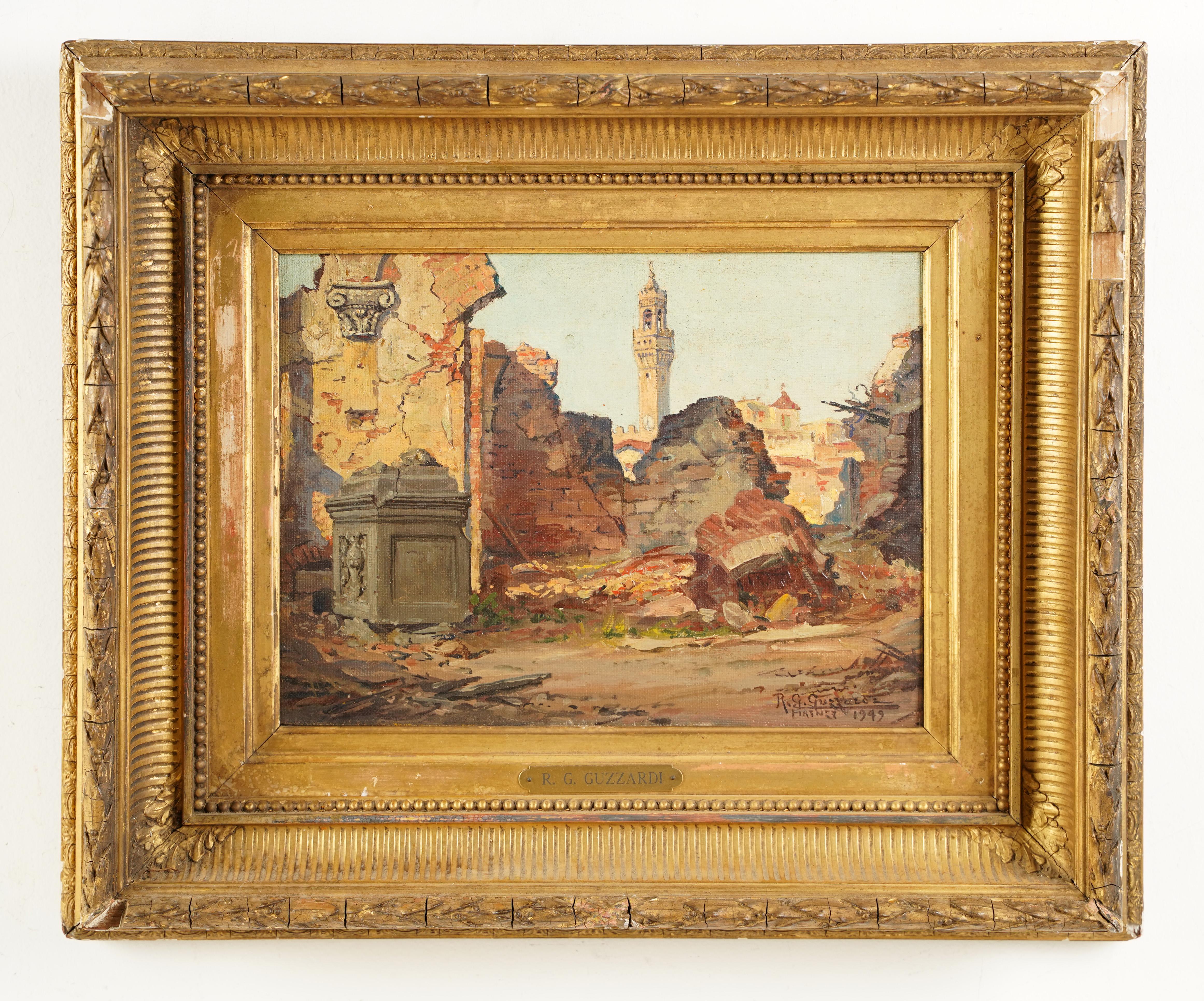 Antiguo Florencia Italia Impresionista Ruinas Paisaje urbano Pintura al óleo bien enmarcada - Landscape Painting Marrón de Unknown