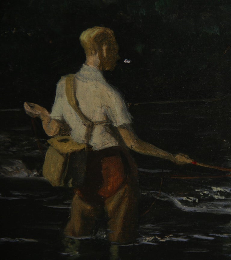 Antique Fly Fishing Figurative Landscape Oil Painting 1920