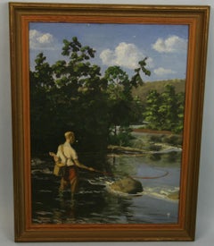 Antique Fly Fishing Figurative Landscape Oil Painting 1920