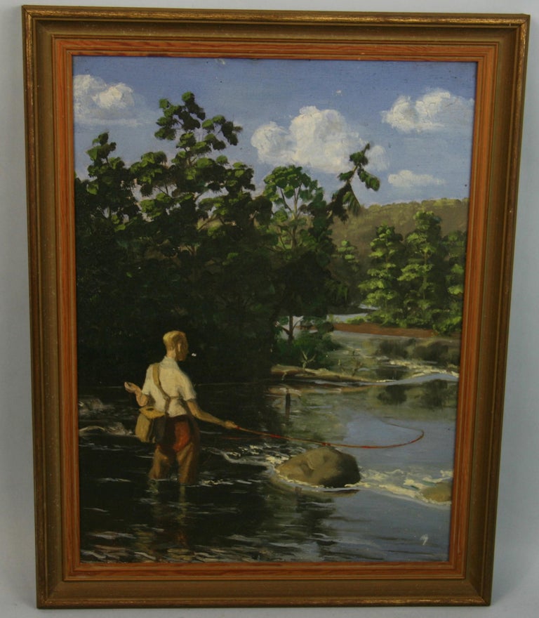 Unknown - Antique Fly Fishing Figurative Landscape Oil Painting 1920