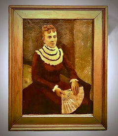 Antique Folk Art Portrait Oil Painting of Gentlelady