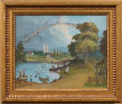 Antico paesaggio folkloristico dell'arcobaleno firmato e incorniciato, pittura ad olio originale