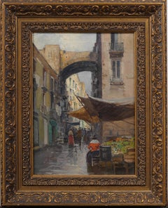 Antique Framed European Impressionist Market Street Scene Framed Oil Painting