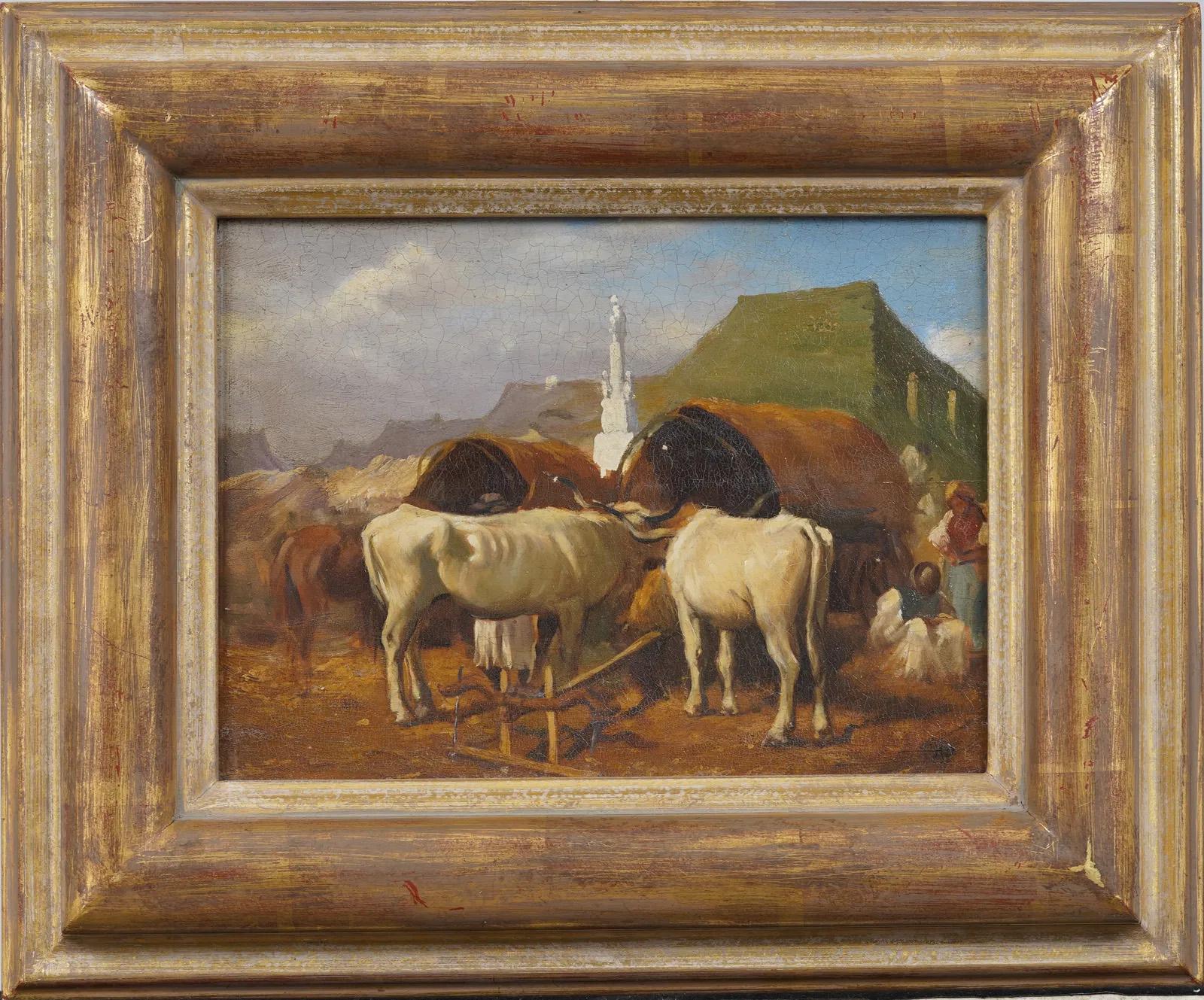 Antique Framed European Old Master Farm Landscape Framed & Signed Oil Painting - Brown Animal Painting by Unknown