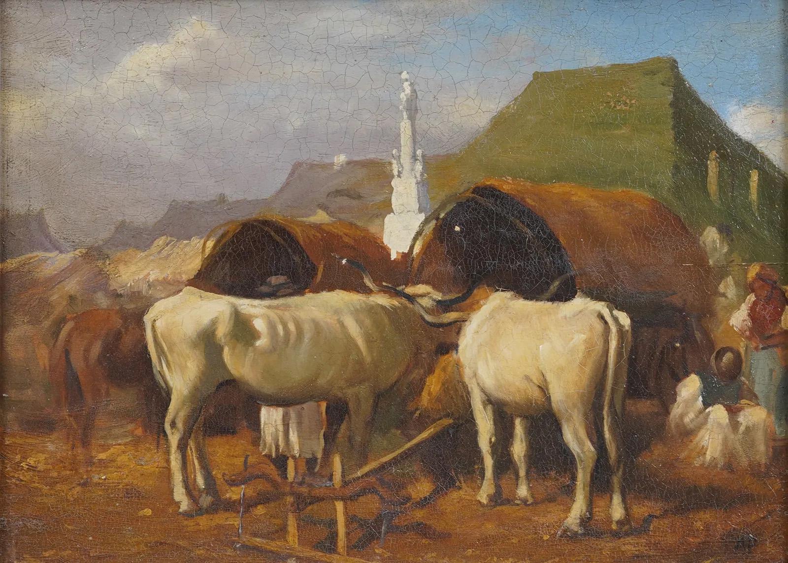 Wonderfully painted early European farm landscape.  Handsomely framed.  Signed in monogram lower right.  Image size, 7 by 10 inches.