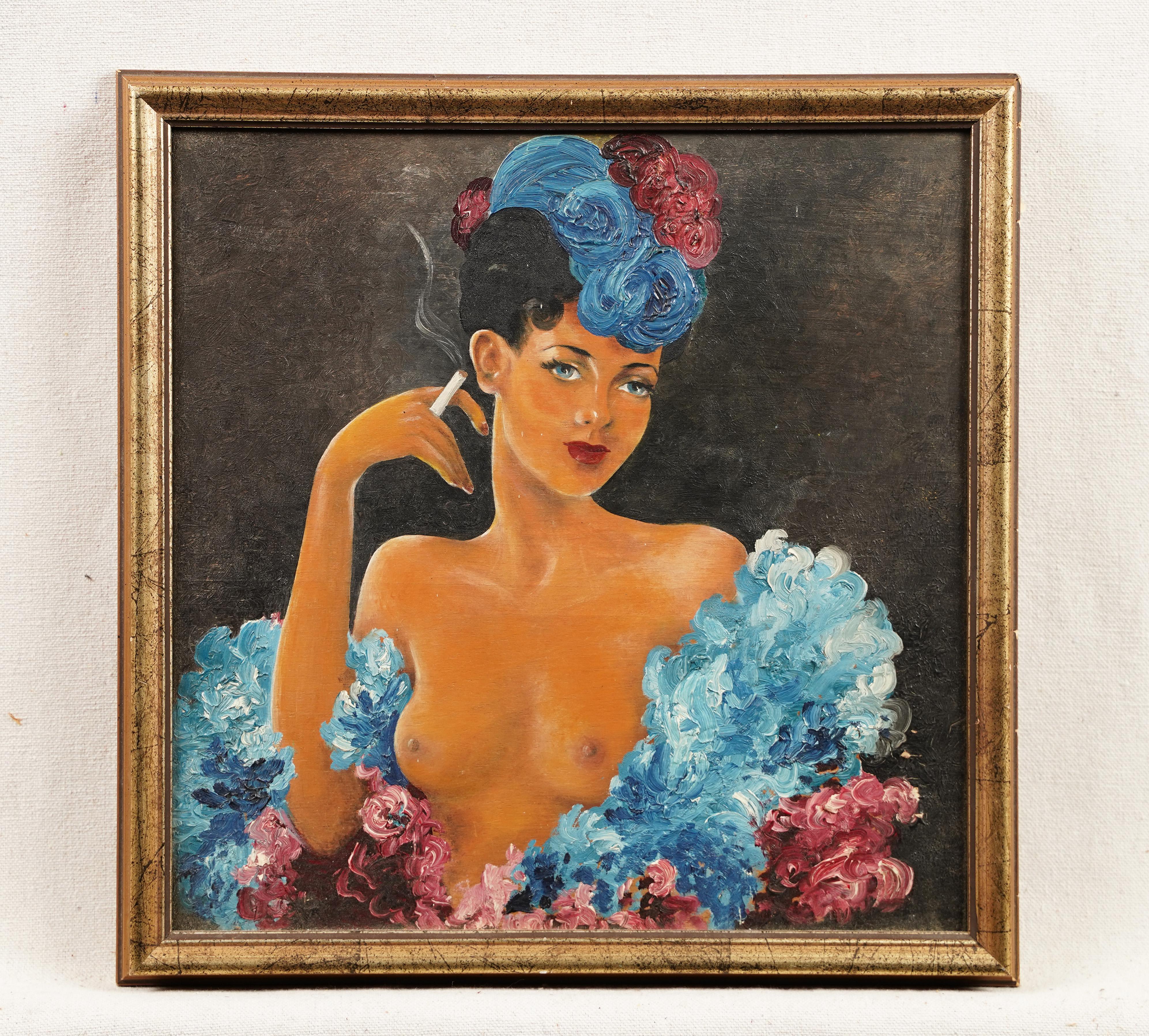 Antique French Art Deco Burlesque Smoking Nude Oil Painting incorniciato - Nude Painting Nero di Unknown