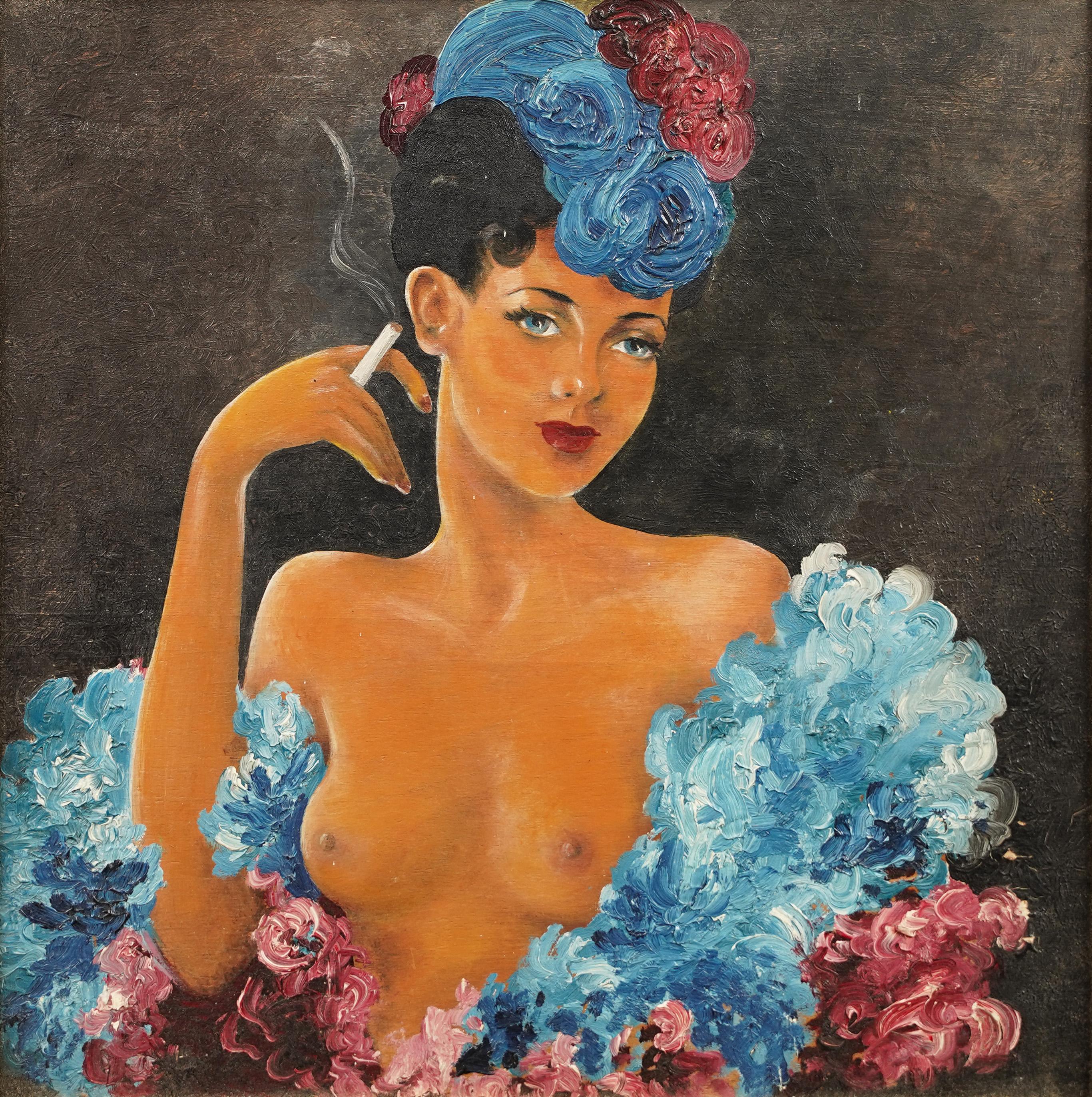 Antique French Art Deco Burlesque Smoking Nude Oil Painting incorniciato 1