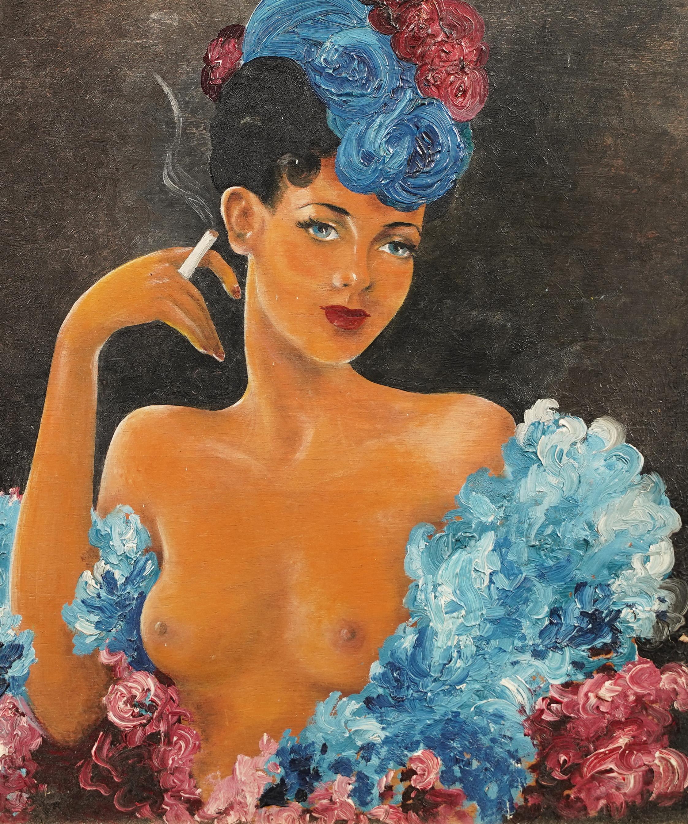 Antique French Art Deco Burlesque Smoking Nude Oil Painting incorniciato 2