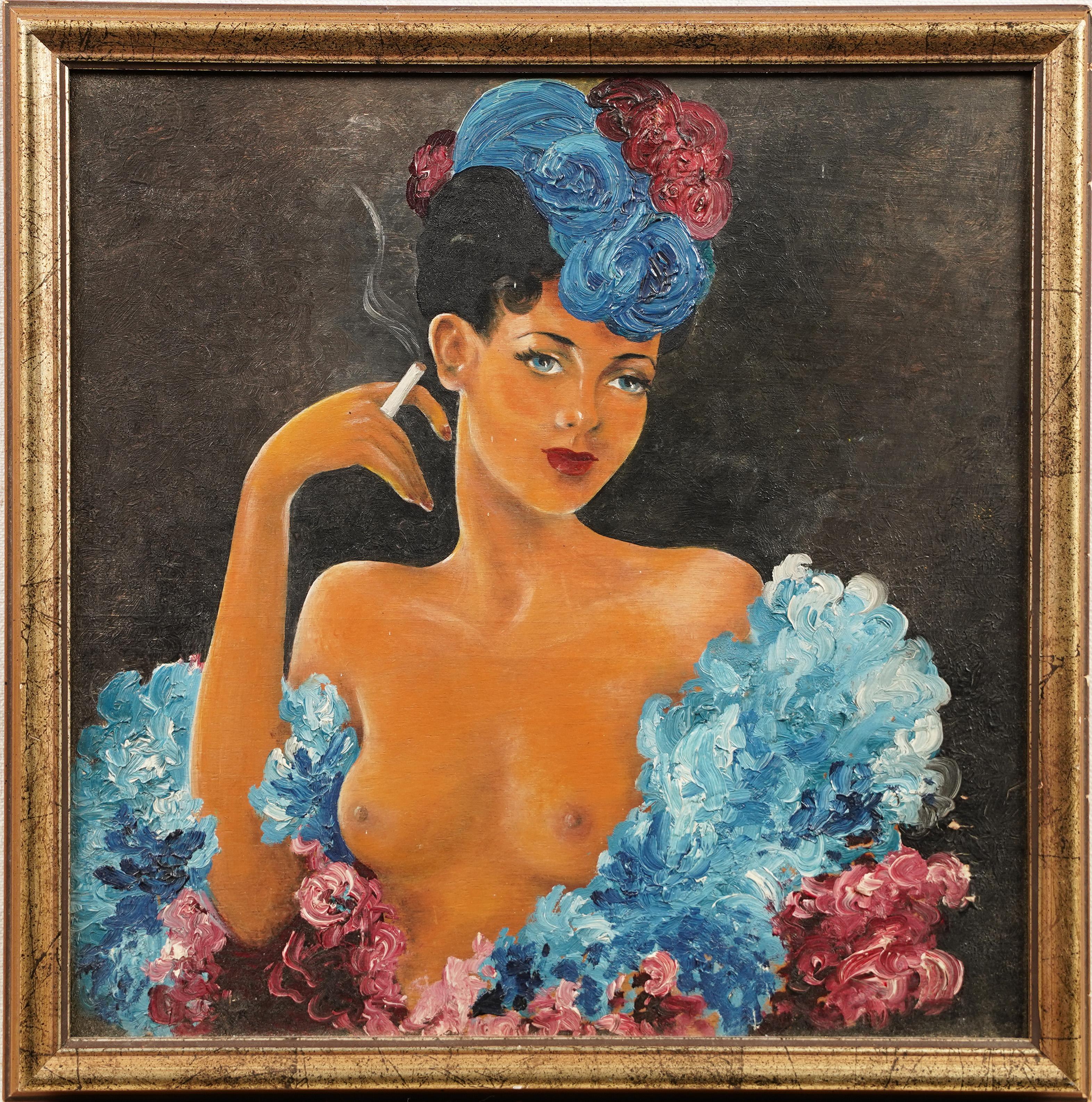 Unknown Nude Painting -  Antique Framed French Modernist Art Deco Burlesque Smoking Nude Oil Painting