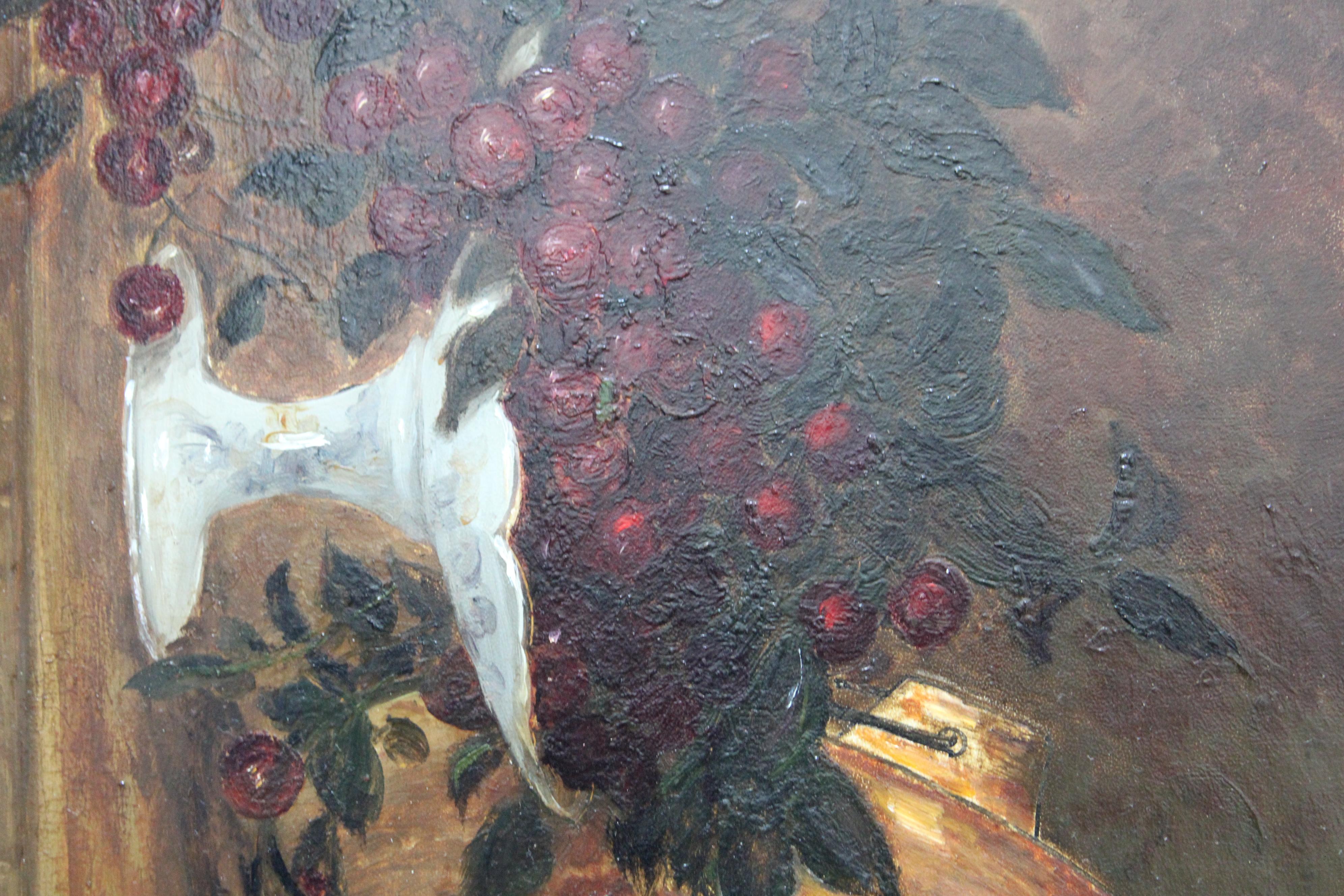 Antikes gerahmtes französisches Stillleben mit Kirschen und einer Kupferschale, datiert 1870 im Angebot 7