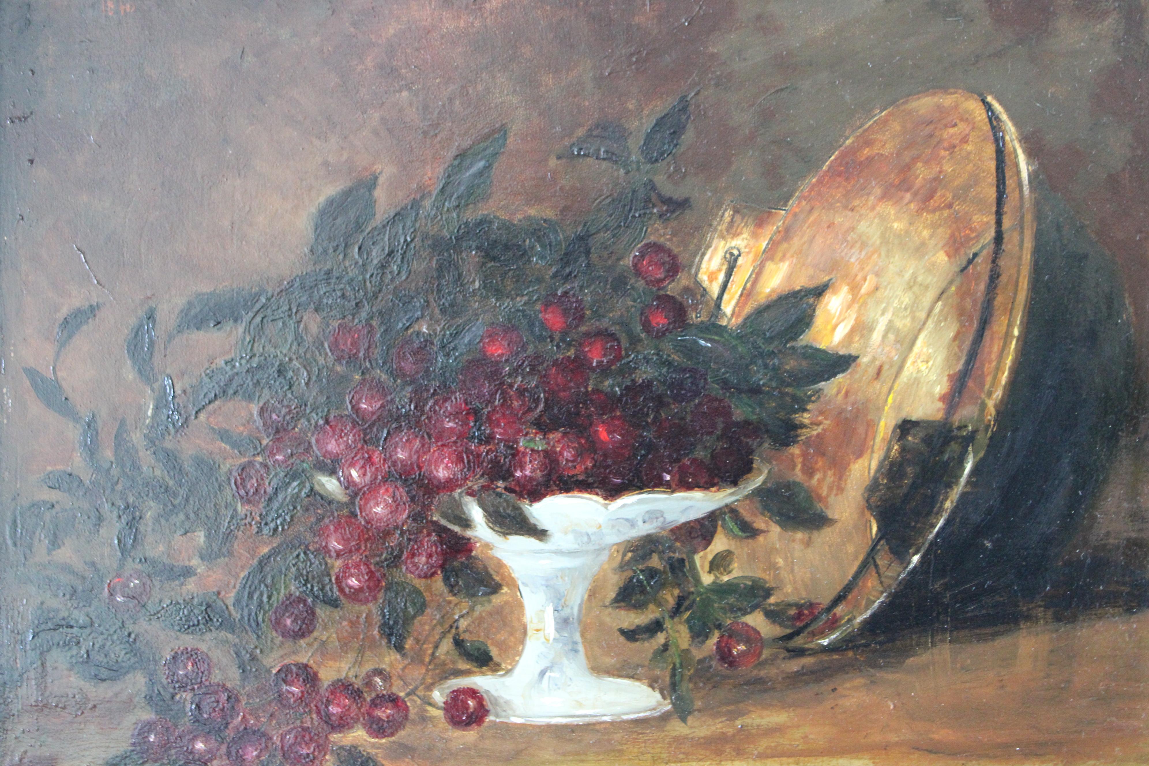 Antikes gerahmtes französisches Stillleben mit Kirschen und einer Kupferschale, datiert 1870 im Angebot 11