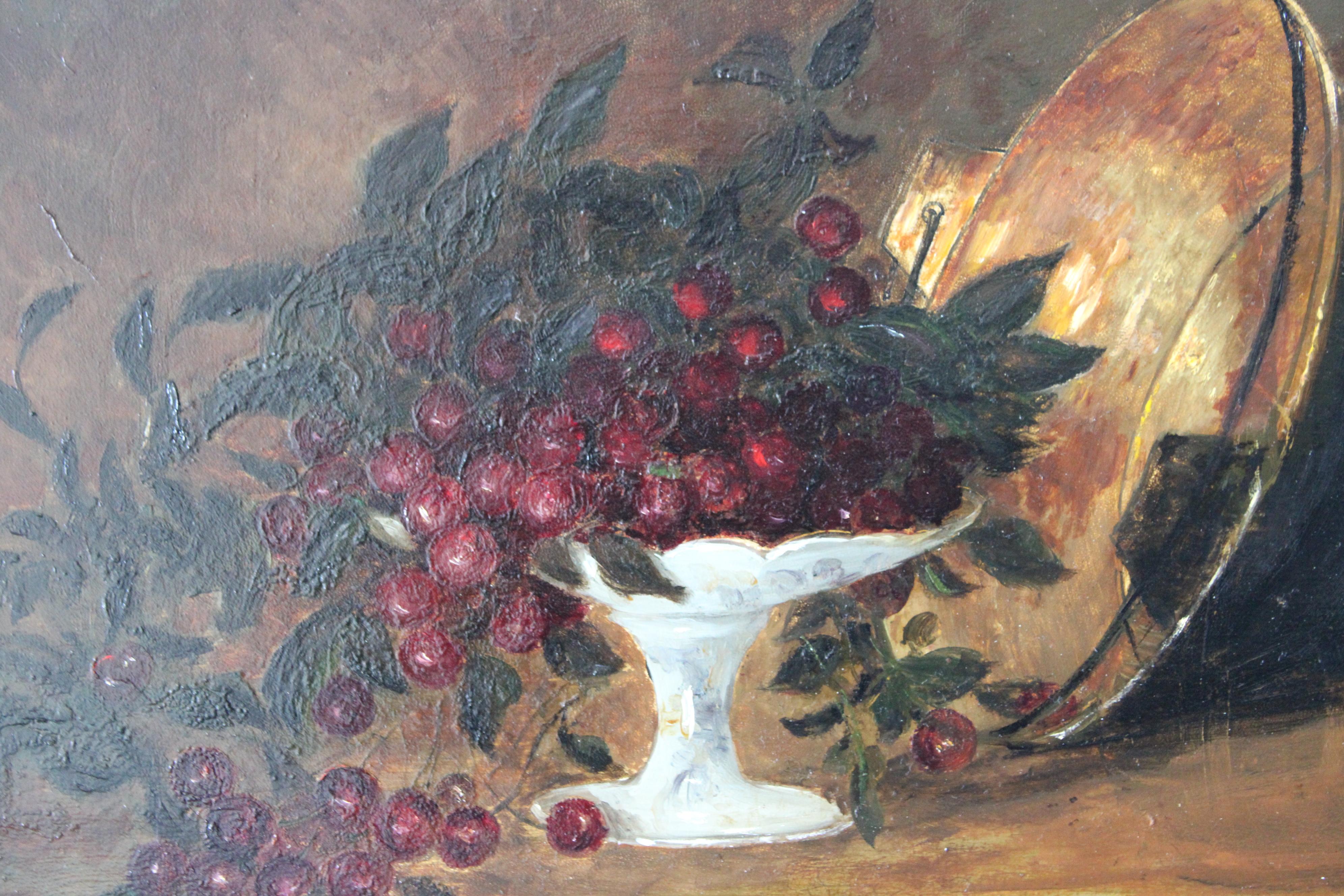 Antikes gerahmtes französisches Stillleben mit Kirschen und einer Kupferschale, datiert 1870 (Französische Schule), Painting, von Unknown