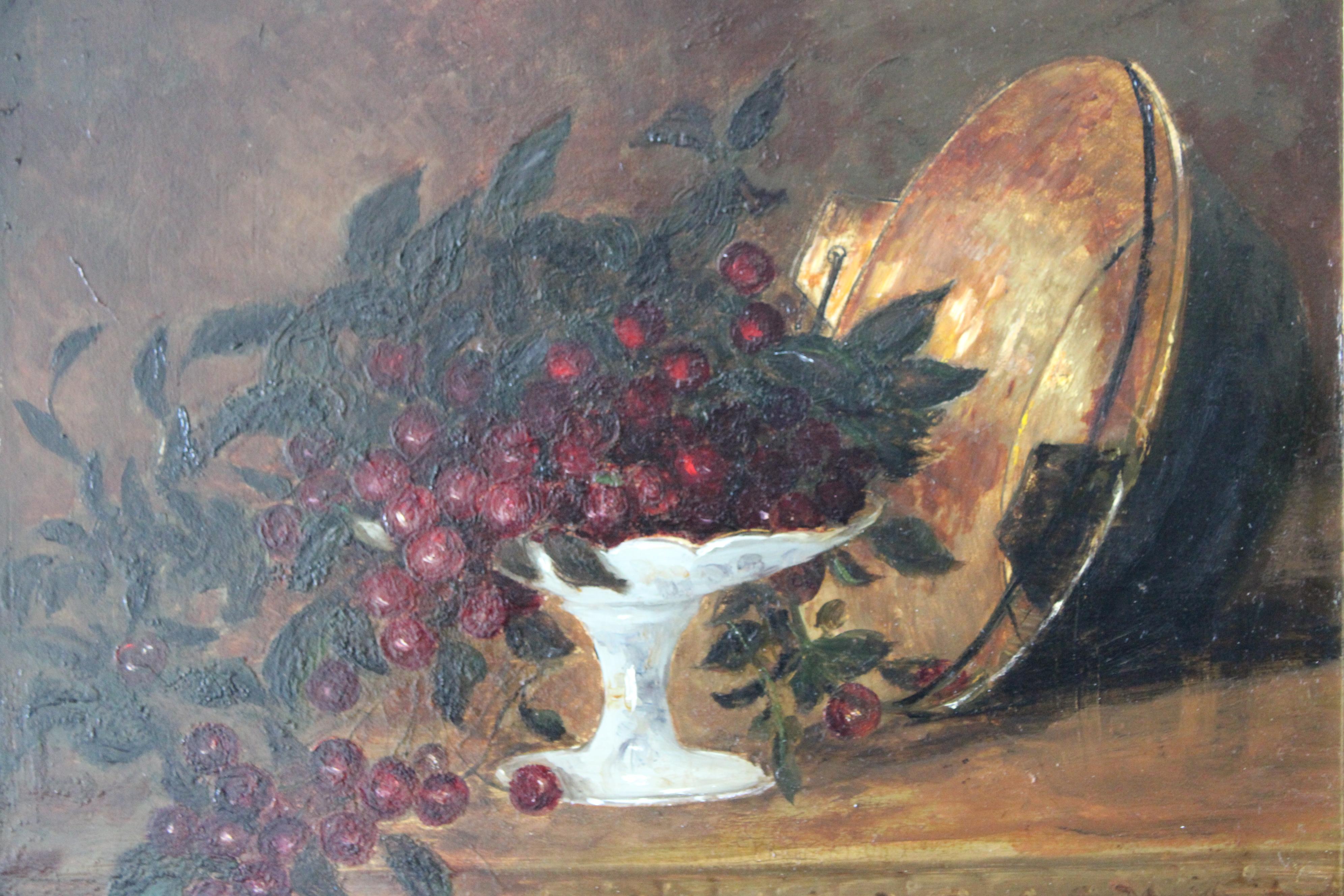 Antikes französisches Stillleben mit Kirschen und einer Kupferschale, links oben signiert und datiert 1870.  Dieses wunderschöne alte Stillleben in einem schweren Rahmen ist stimmungsvoll, dunkel und launisch.  Die Kirschen stehen auf einem