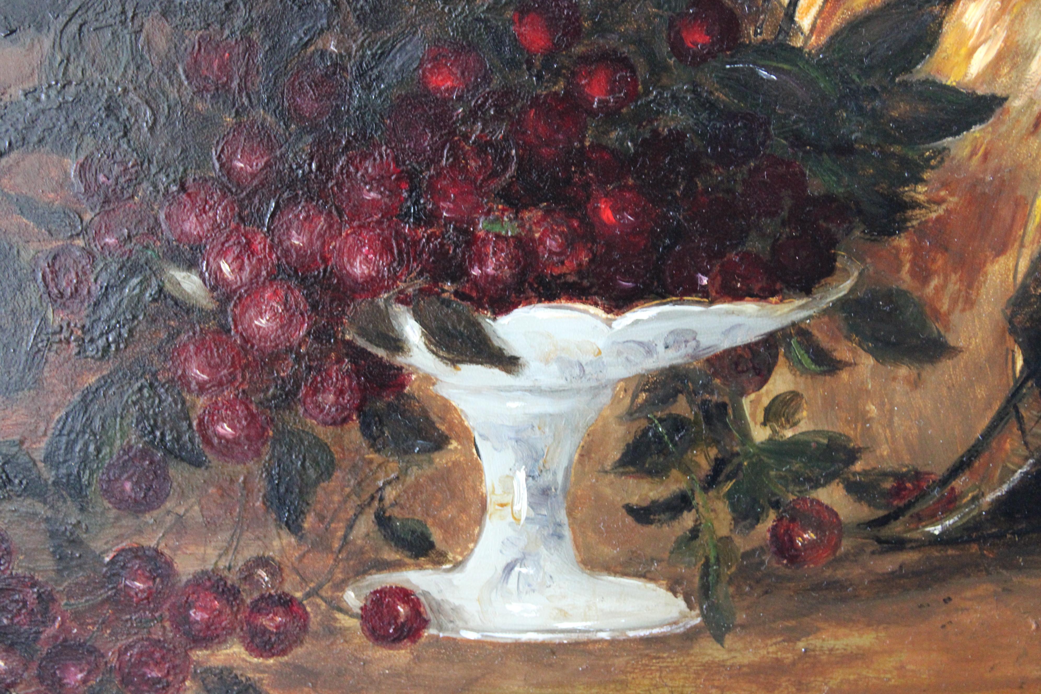 Antikes gerahmtes französisches Stillleben mit Kirschen und einer Kupferschale, datiert 1870 im Angebot 6