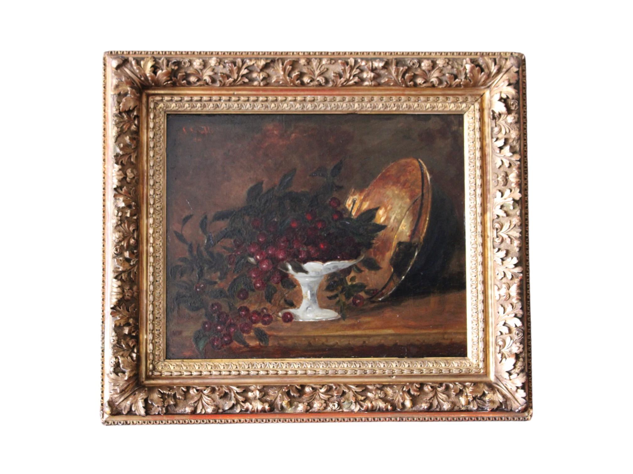 Unknown Still-Life Painting – Antikes gerahmtes französisches Stillleben mit Kirschen und einer Kupferschale, datiert 1870
