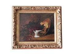 Antique framed French still life of cherries and a copper pan, dated 1870