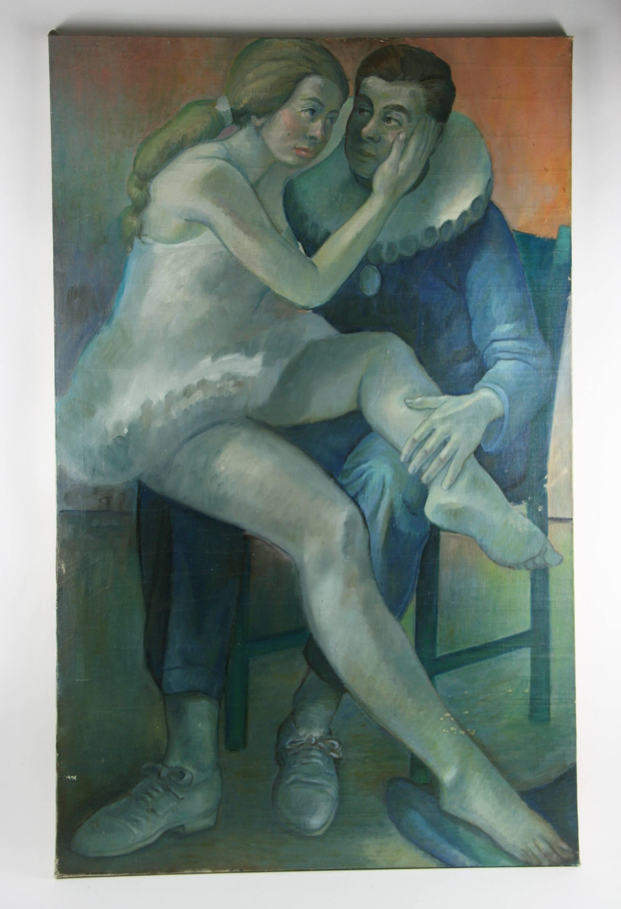 Figurative Painting de Unknown - Antique French Art Deco  Bailarinas del Descanso Azul  Aceite figurativo  por G. Pascal Rocca