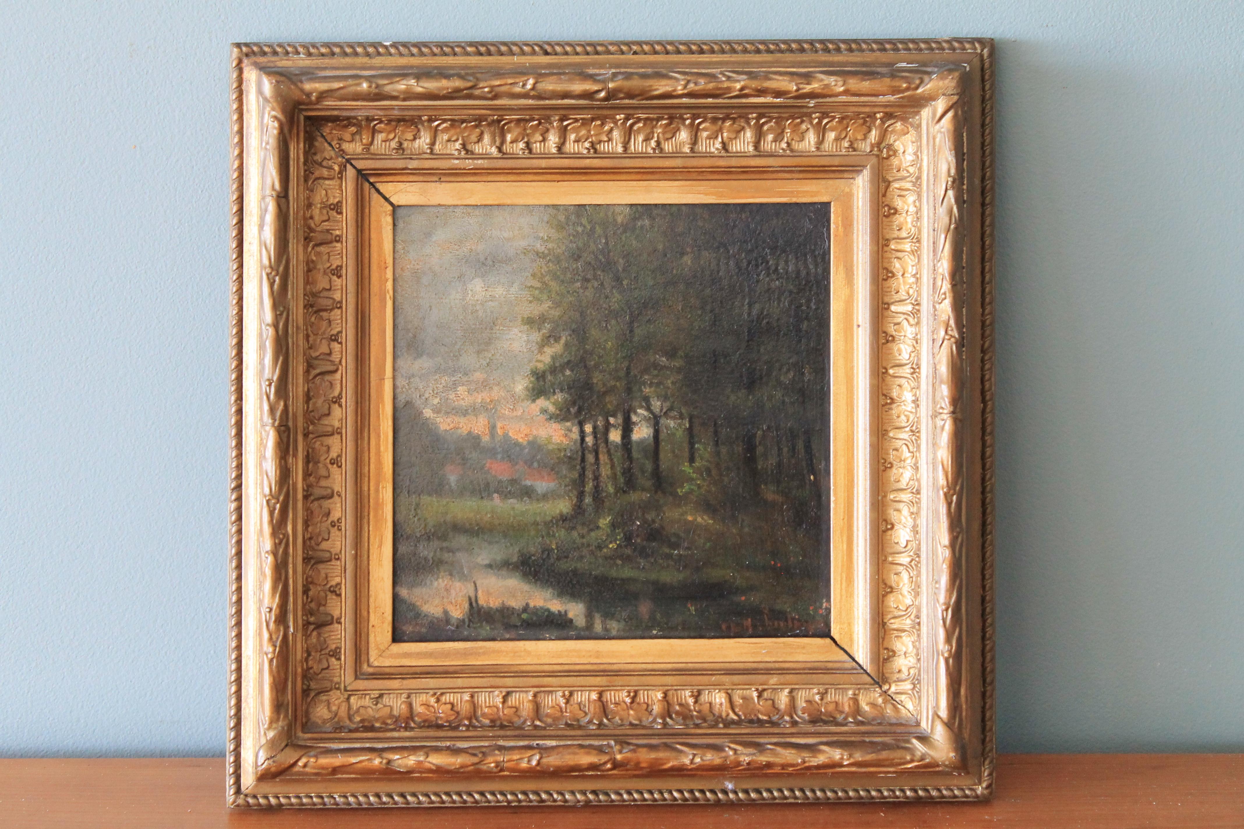 Antique French Barbizon paesaggio dipinto a olio con alberi e case - Painting di Unknown