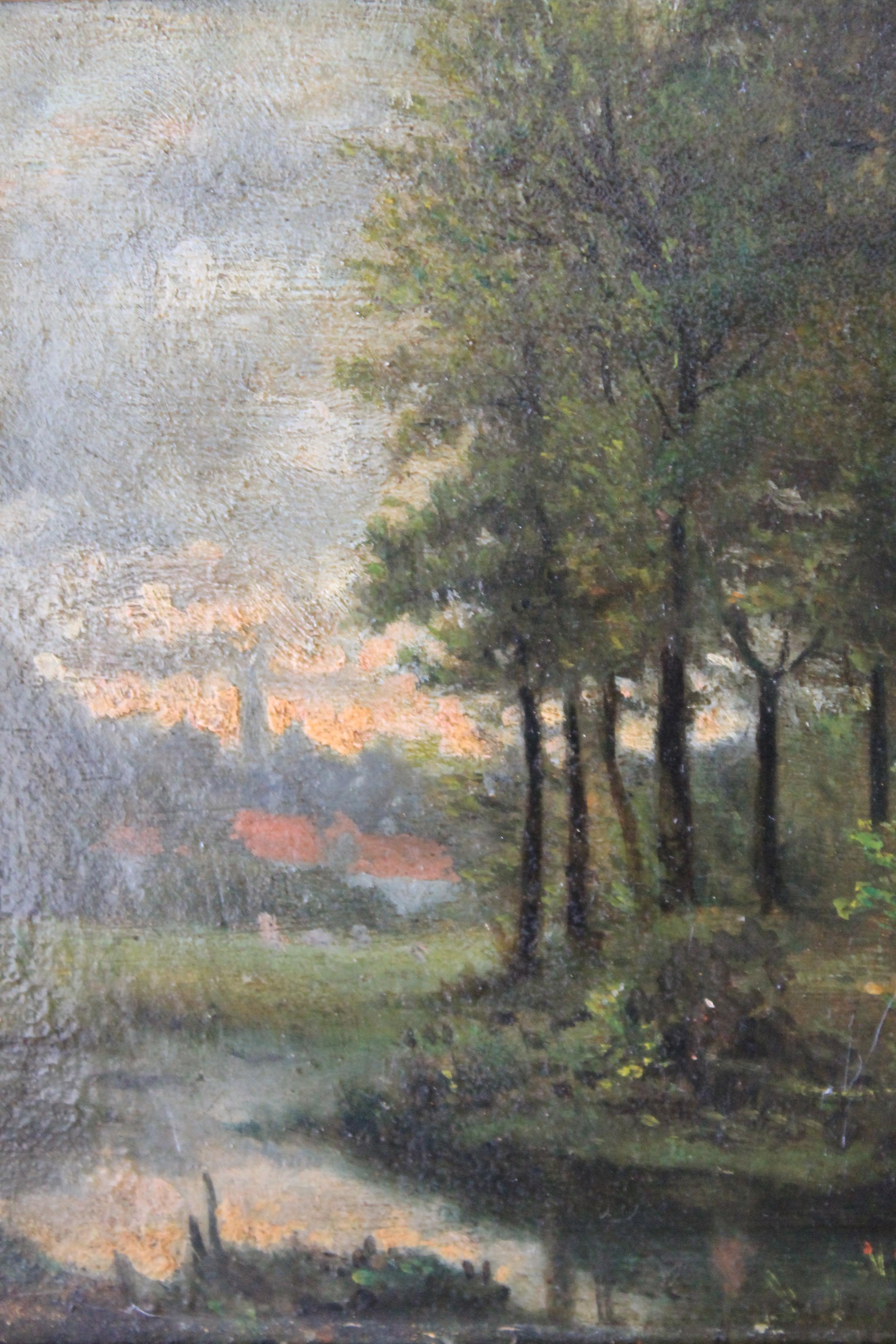 Antique French Barbizon paesaggio dipinto a olio con alberi e case - Painting Scuola francese di Unknown
