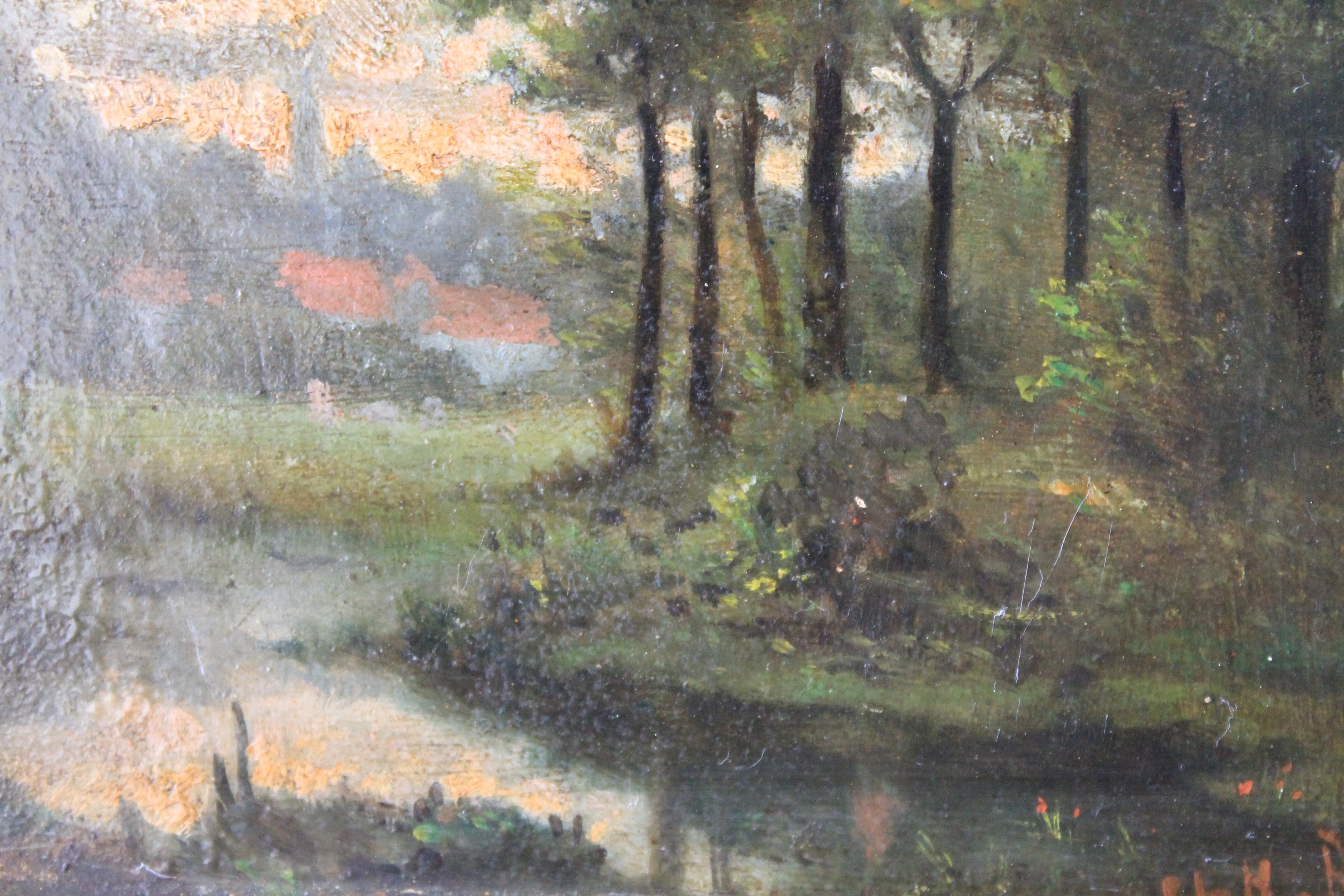 Antique French Barbizon paesaggio dipinto a olio con alberi e case 1