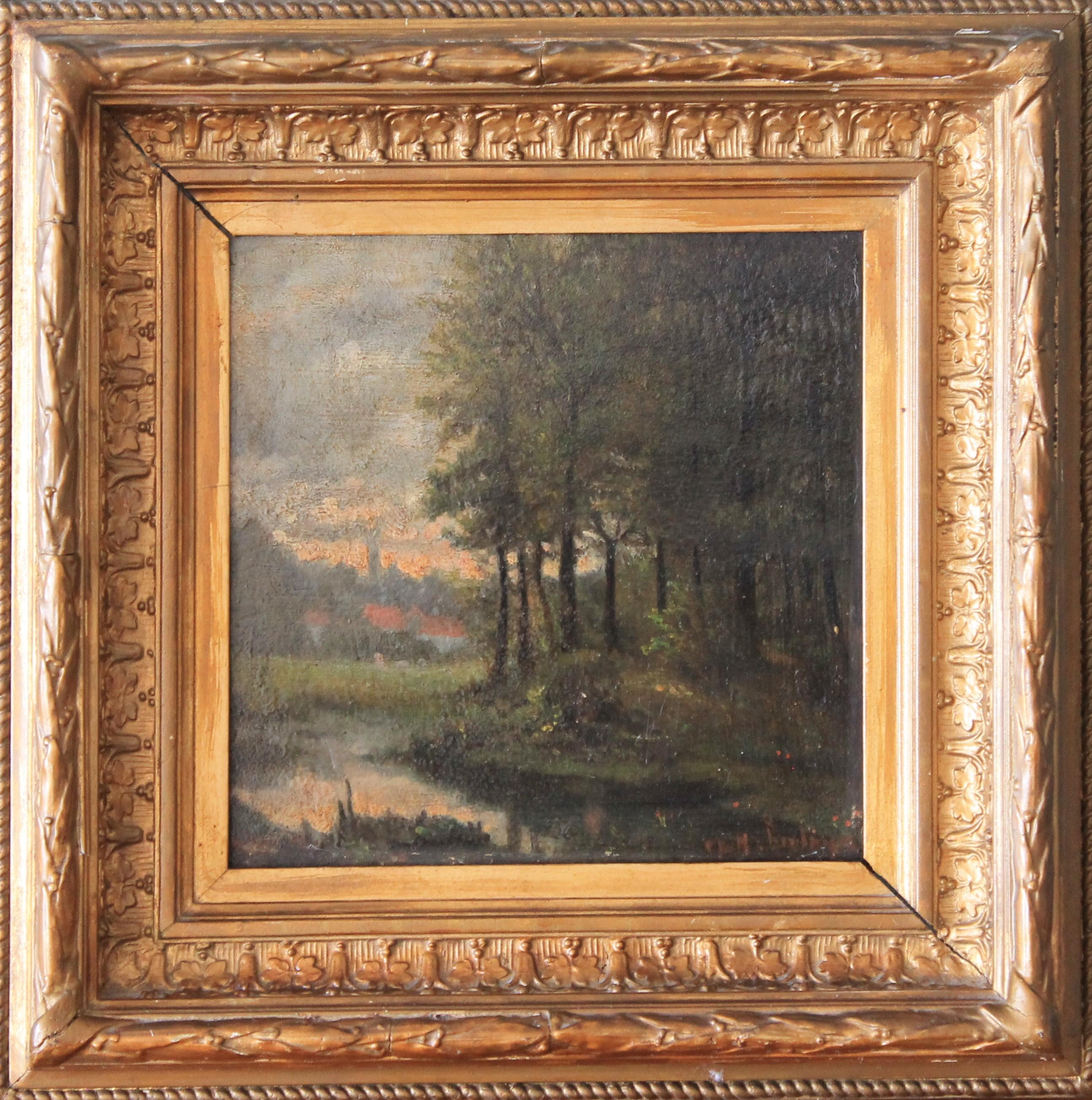 Landscape Painting di Unknown - Antique French Barbizon paesaggio dipinto a olio con alberi e case