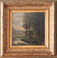Antique French Barbizon paesaggio dipinto a olio con alberi e case