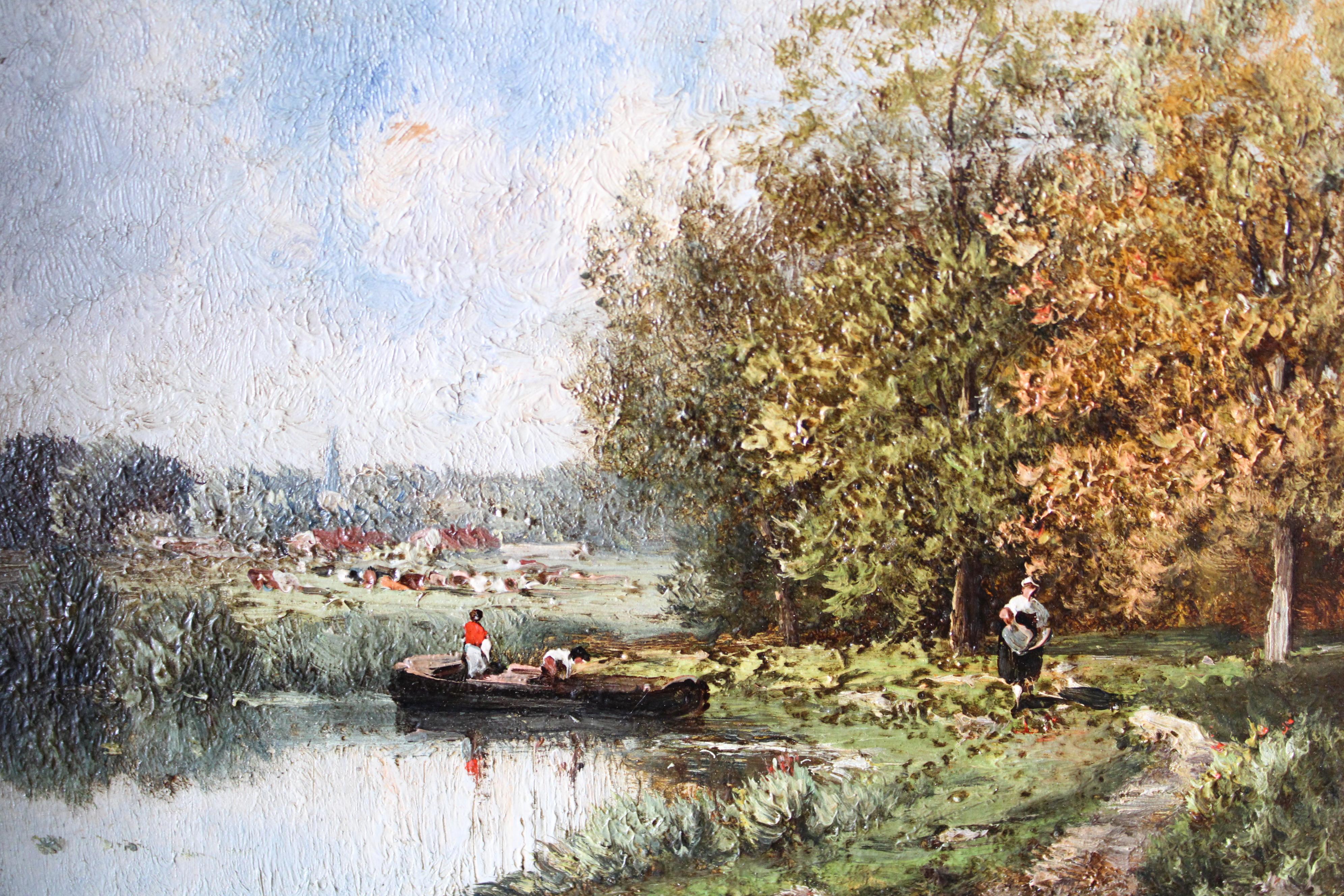 Antique French Barbizon Paesaggio dipinto ad olio, pittura ad olio Riverside - Painting di Unknown