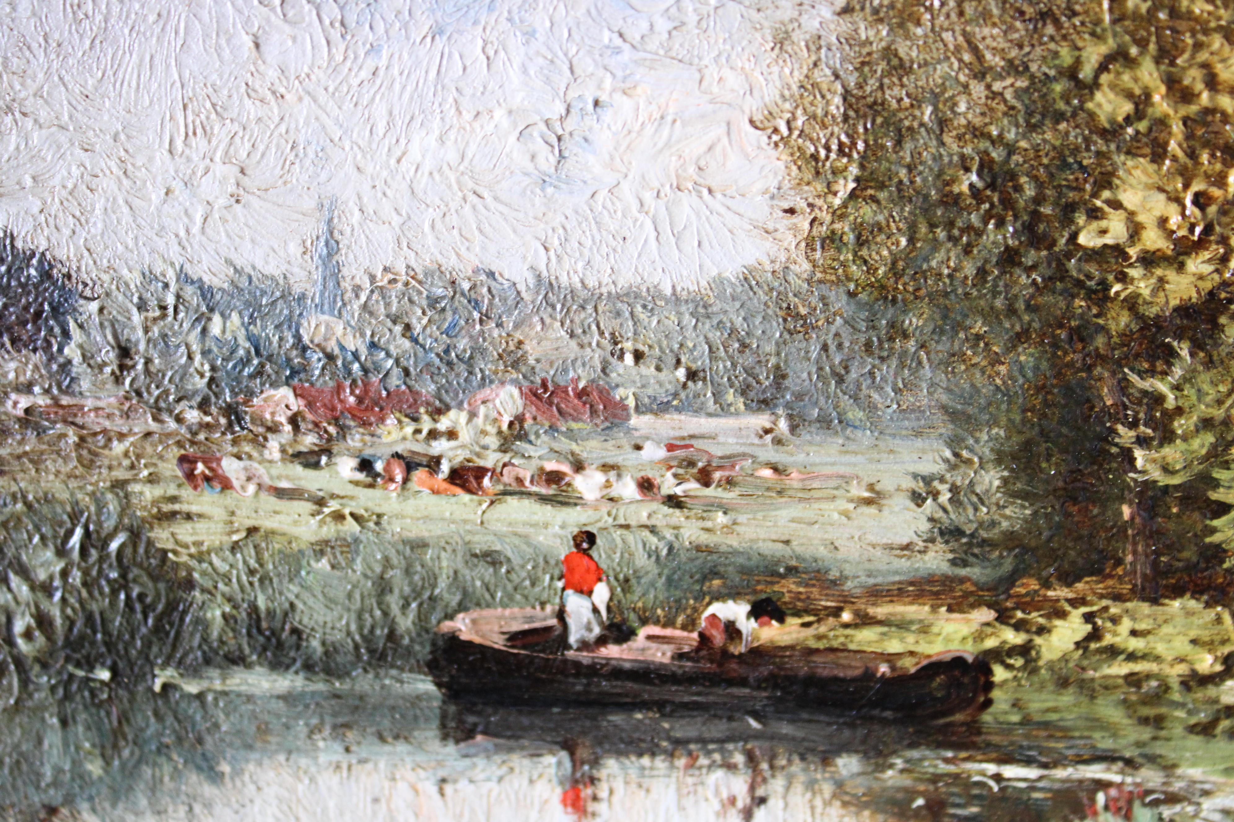 Antique French Barbizon Paesaggio dipinto ad olio, pittura ad olio Riverside 1