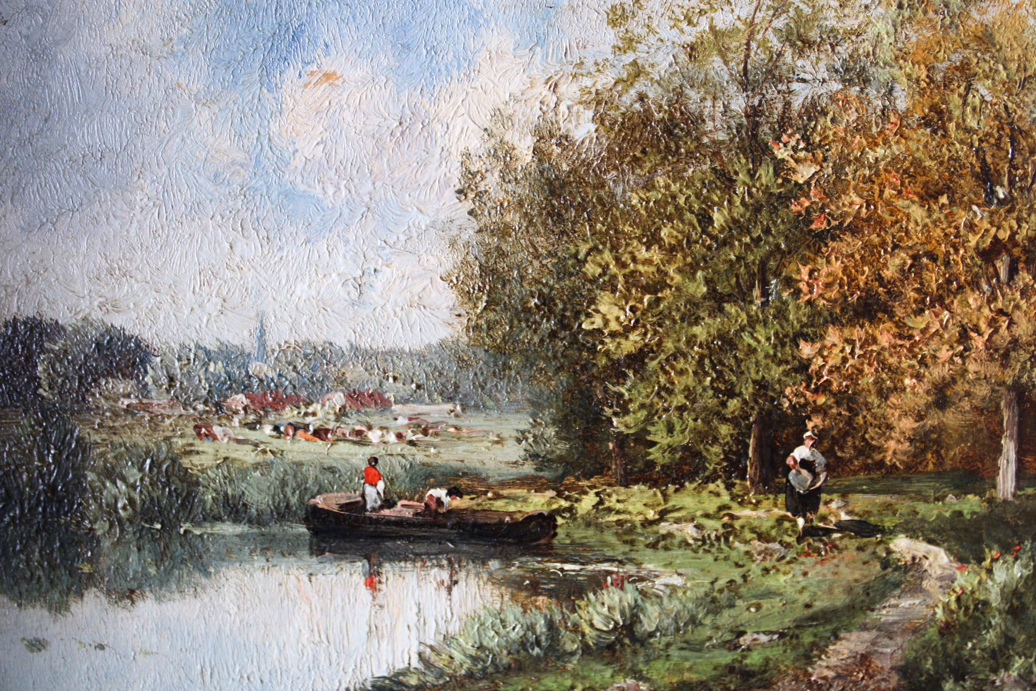 Antique French Barbizon Paesaggio dipinto ad olio, pittura ad olio Riverside 2