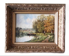 Ancienne peinture à l'huile française de paysage de Barbizon, bord de rivière