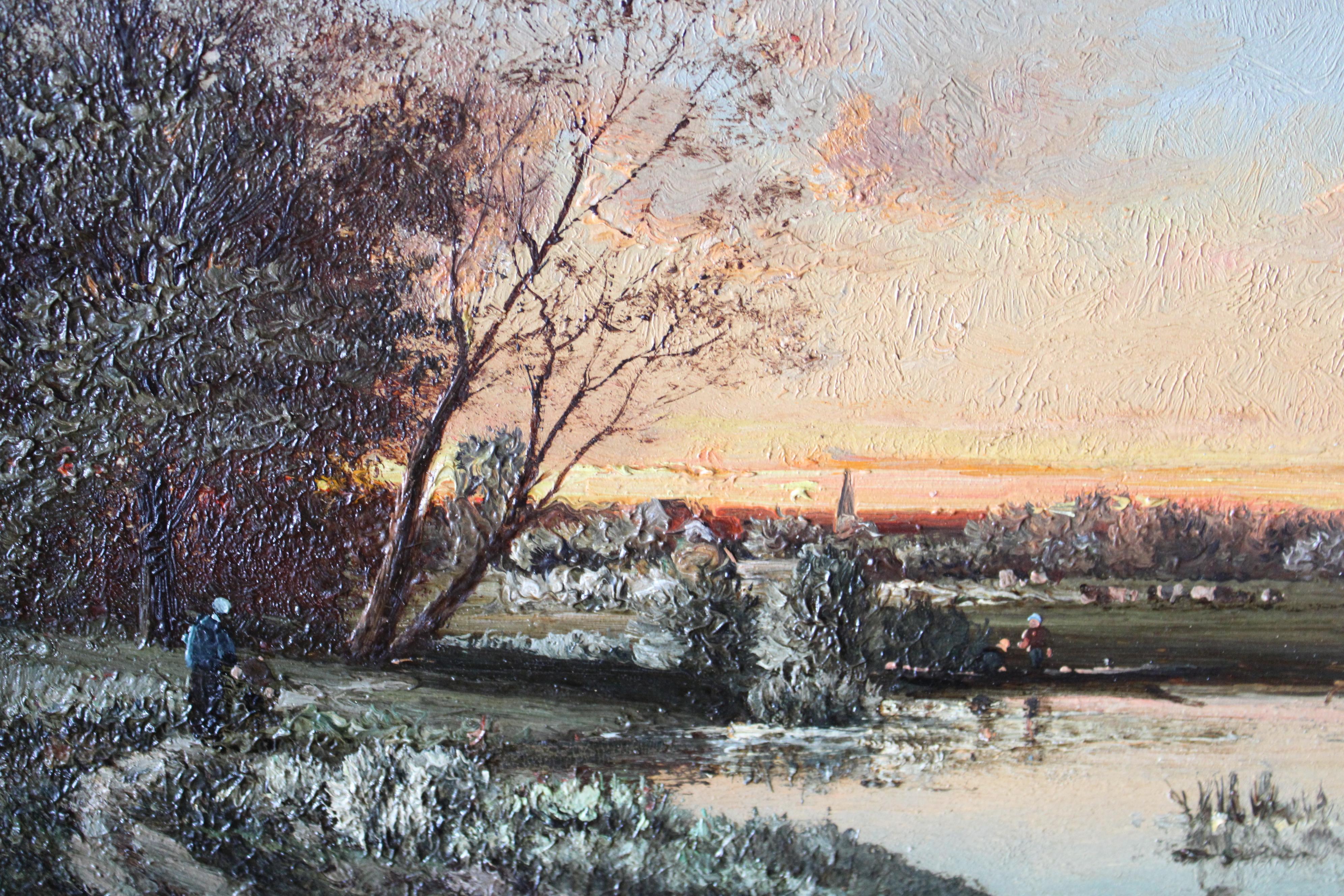 Antique French Landscape oil painting, sunset painting, gilt framed riverscape - Painting by Unknown