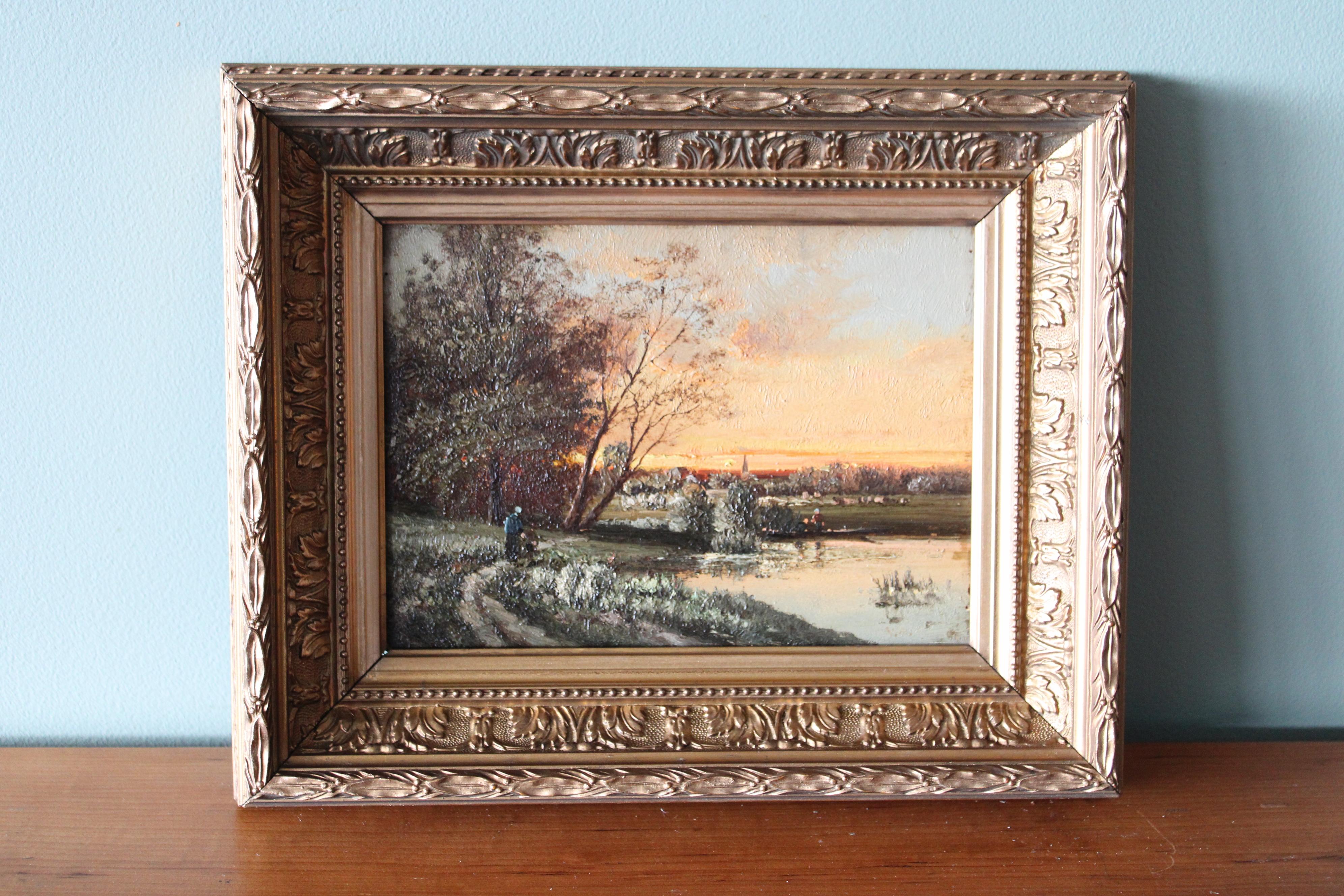 19th century Antique French landscape oil painting in traditional Barbizon style, unsigned.  A sunset lights this painting, giving it atmosphere and presence.  It's on a thick wood board, with textured elevated elements of paint throughout.

MORE