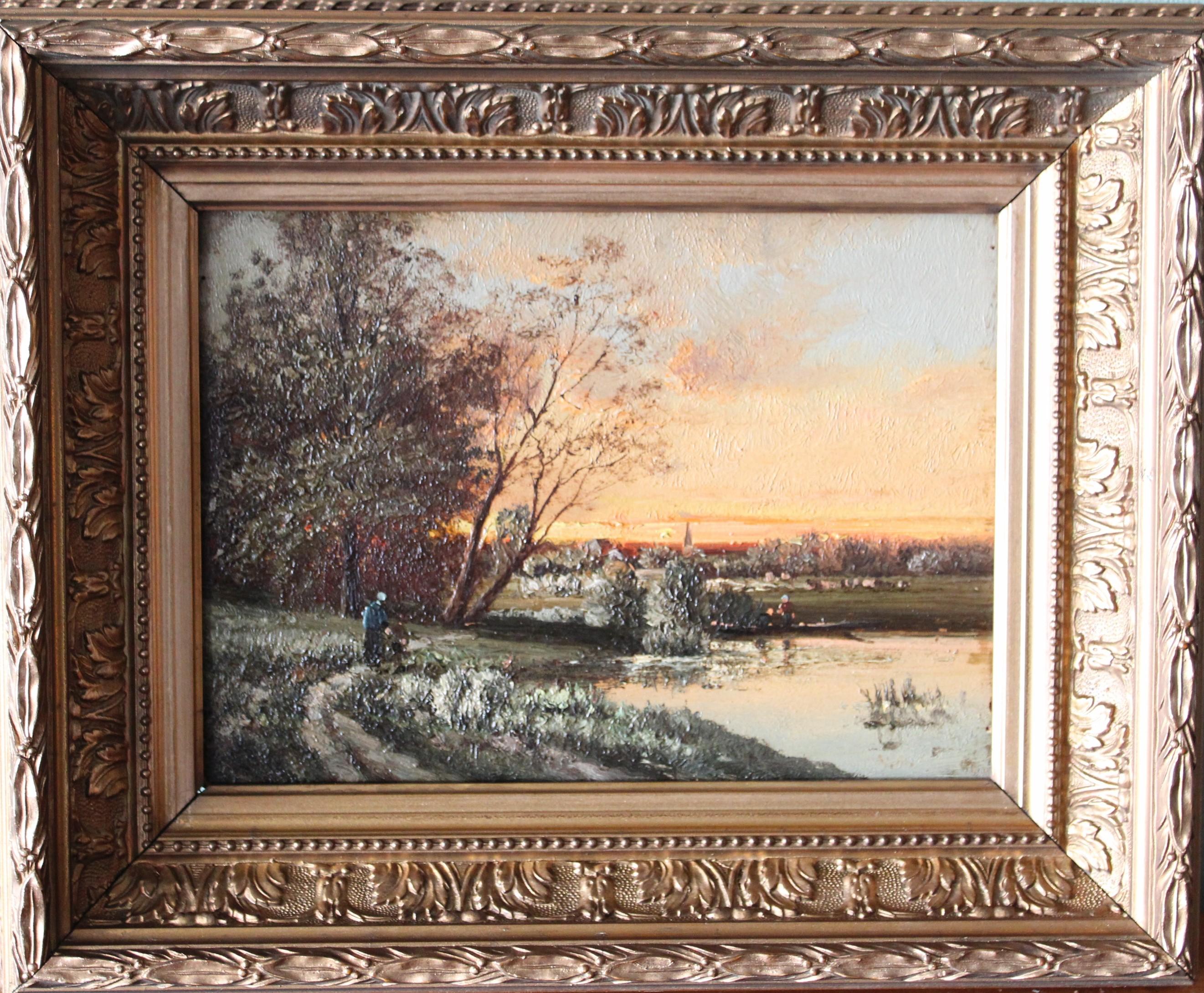 Unknown Landscape Painting - Antique French Landscape oil painting, sunset painting, gilt framed riverscape