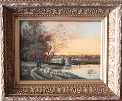 Antique French Barbizon Landscape oil painting, sunset painting, riverscape