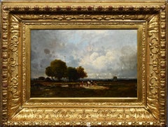 Antique French Barbizon Landscape Signed Panoramic Summer Cow 1859 Oil Painting