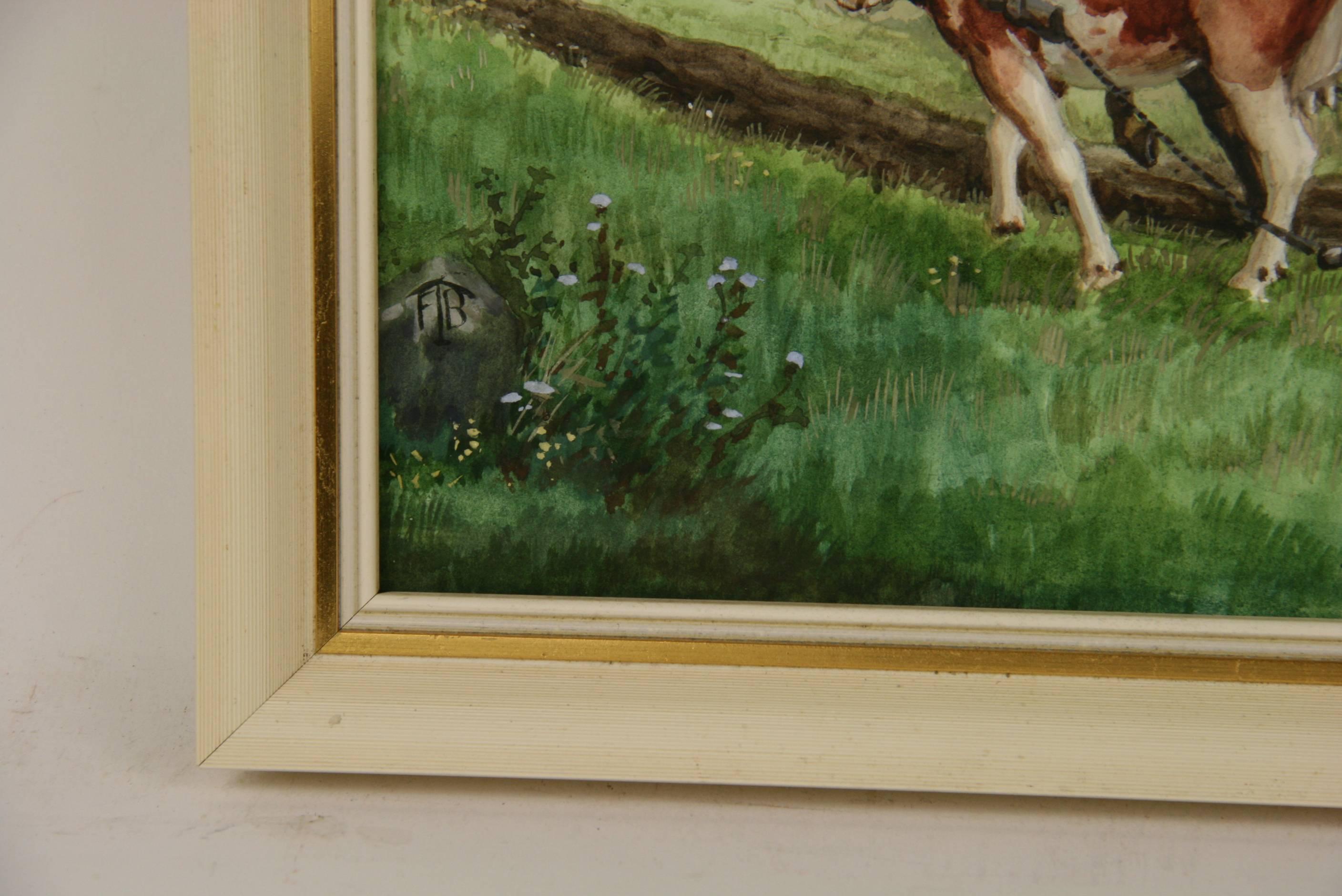 5-100 A 1940's bucolic scene,finely executed gouache



 on paper signed lower left by F.L.B displayed in a wood-gold trim frame