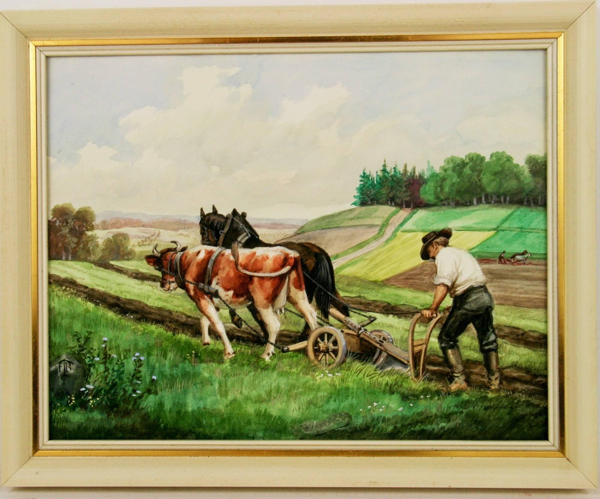 Unknown Animal Painting -  Antique French Bucolic  Scene  Landscape Gouache 1940's
