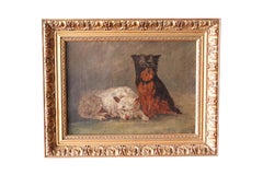 Antique dog painting 19th Century French portrait oil painting of two dogs