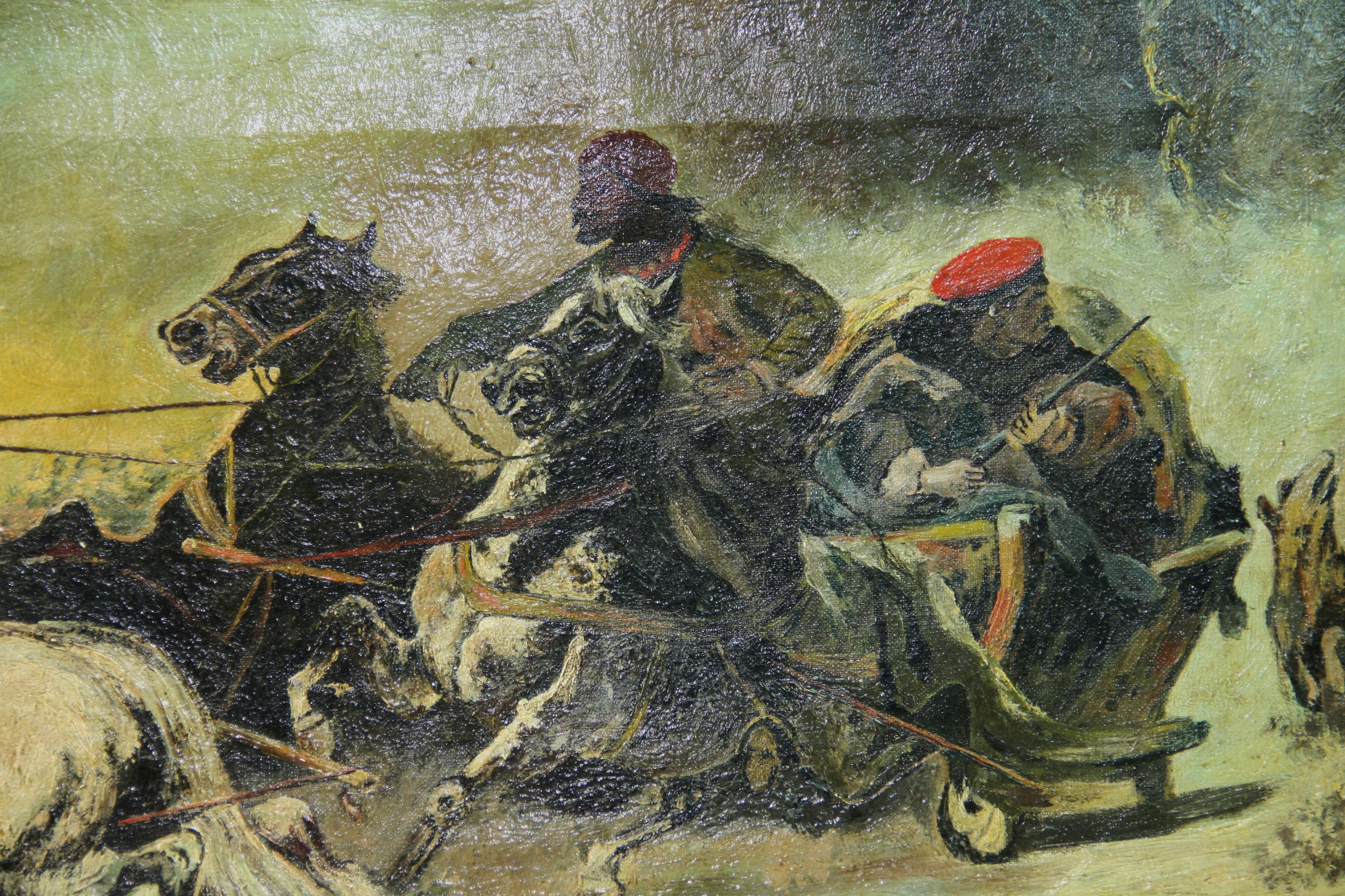 6047 Peinture à l'huile équestre Échapper aux loups
Signé dans un cadre doré d'époque
Taille de l'image 14x27.5