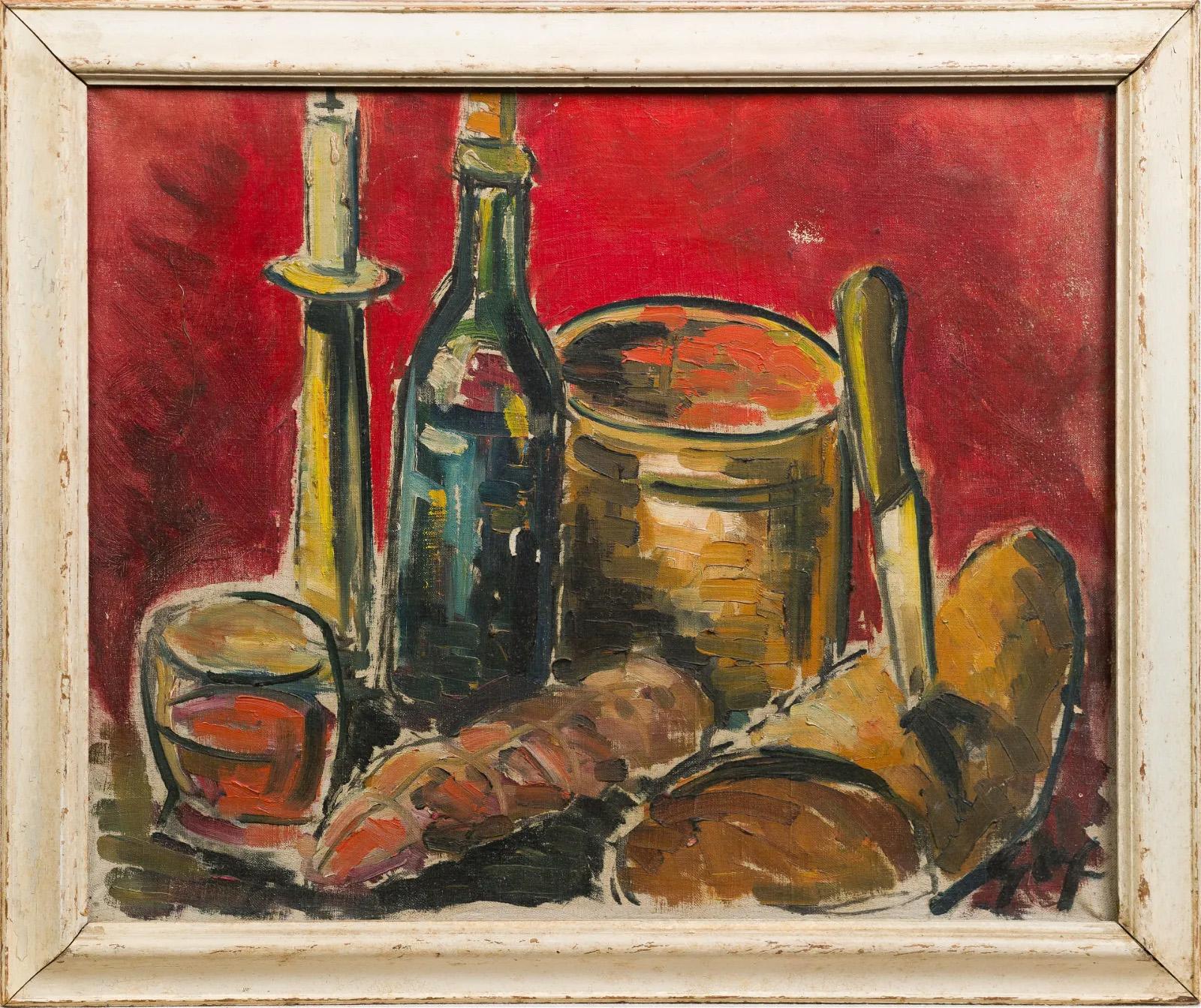 Antique French, con firma sulla natura morta moderna del pane baguette, pittura ad olio - Painting di Unknown