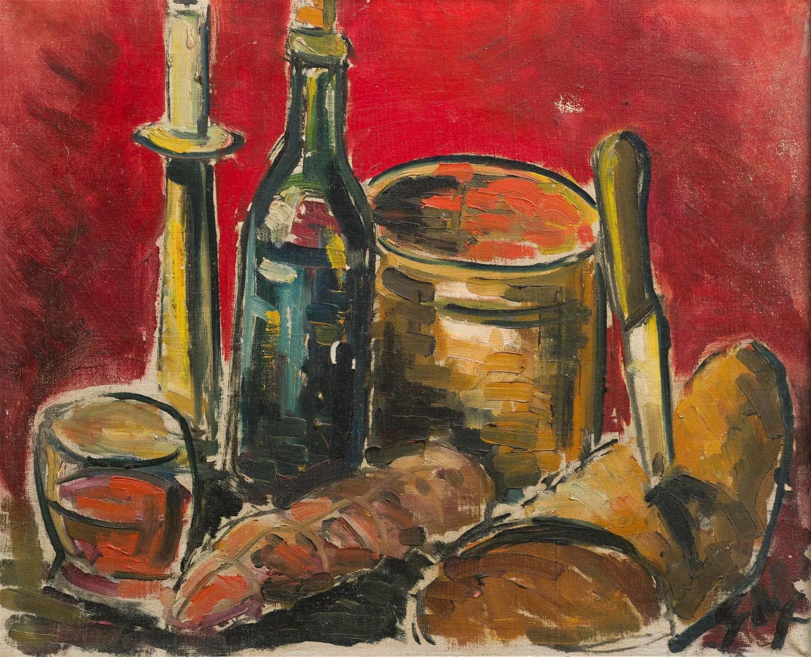 Antique French, con firma sulla natura morta moderna del pane baguette, pittura ad olio - Painting Impressionismo di Unknown