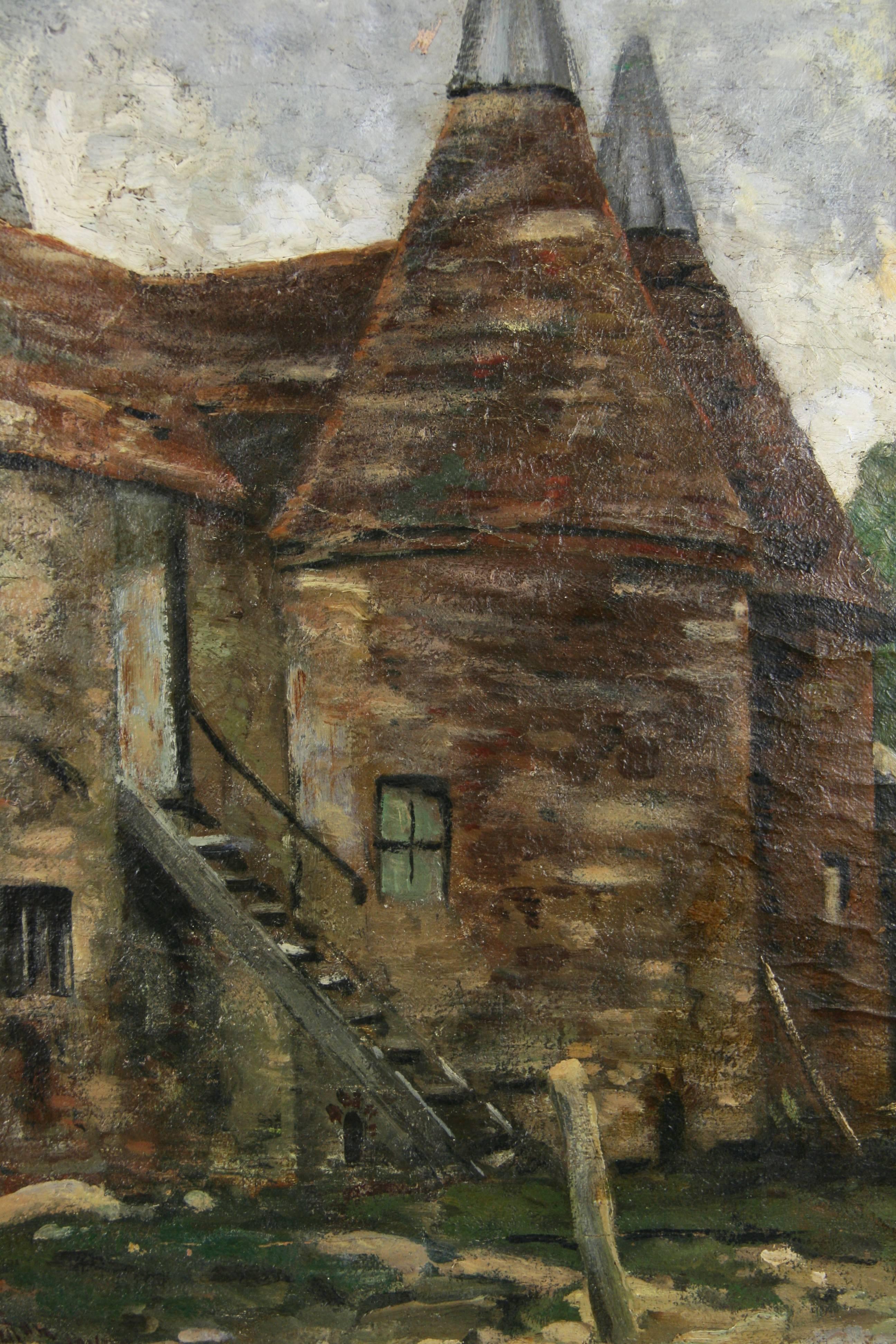 1-4064 Öl auf Leinwand, aufgetragen auf ein Brett, das ein französisches Bauernhaus im Vintage-Stil zeigt  unleserlich signiert unten links in einem handgeschnitzten vergoldeten Holzrahmen