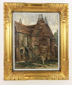 Antique French Farm House Oil Painting Landscape 19th Century