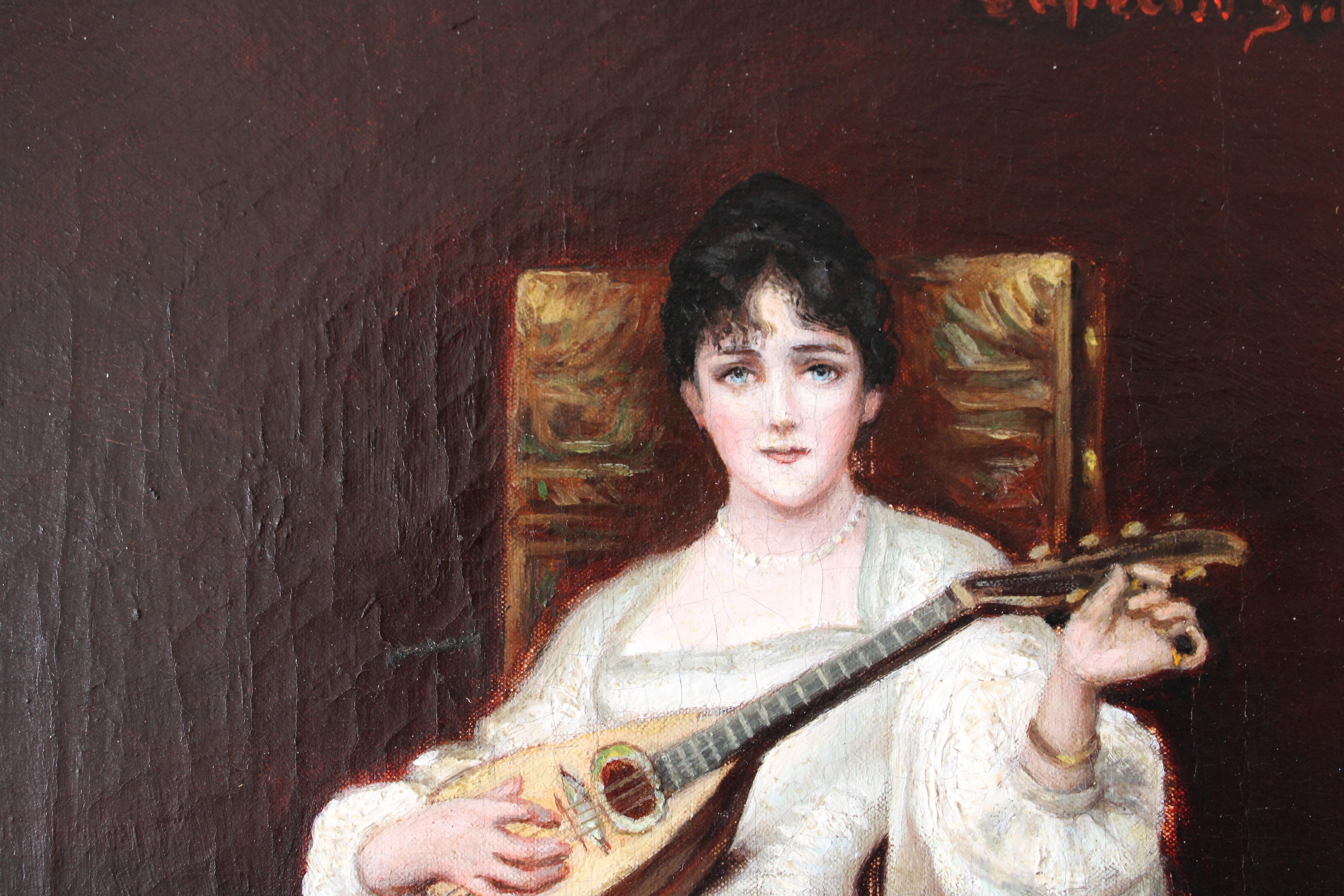 Ancienne peinture à l'huile de portrait féminin 1800 femme jouant de la mandoline en vente 5