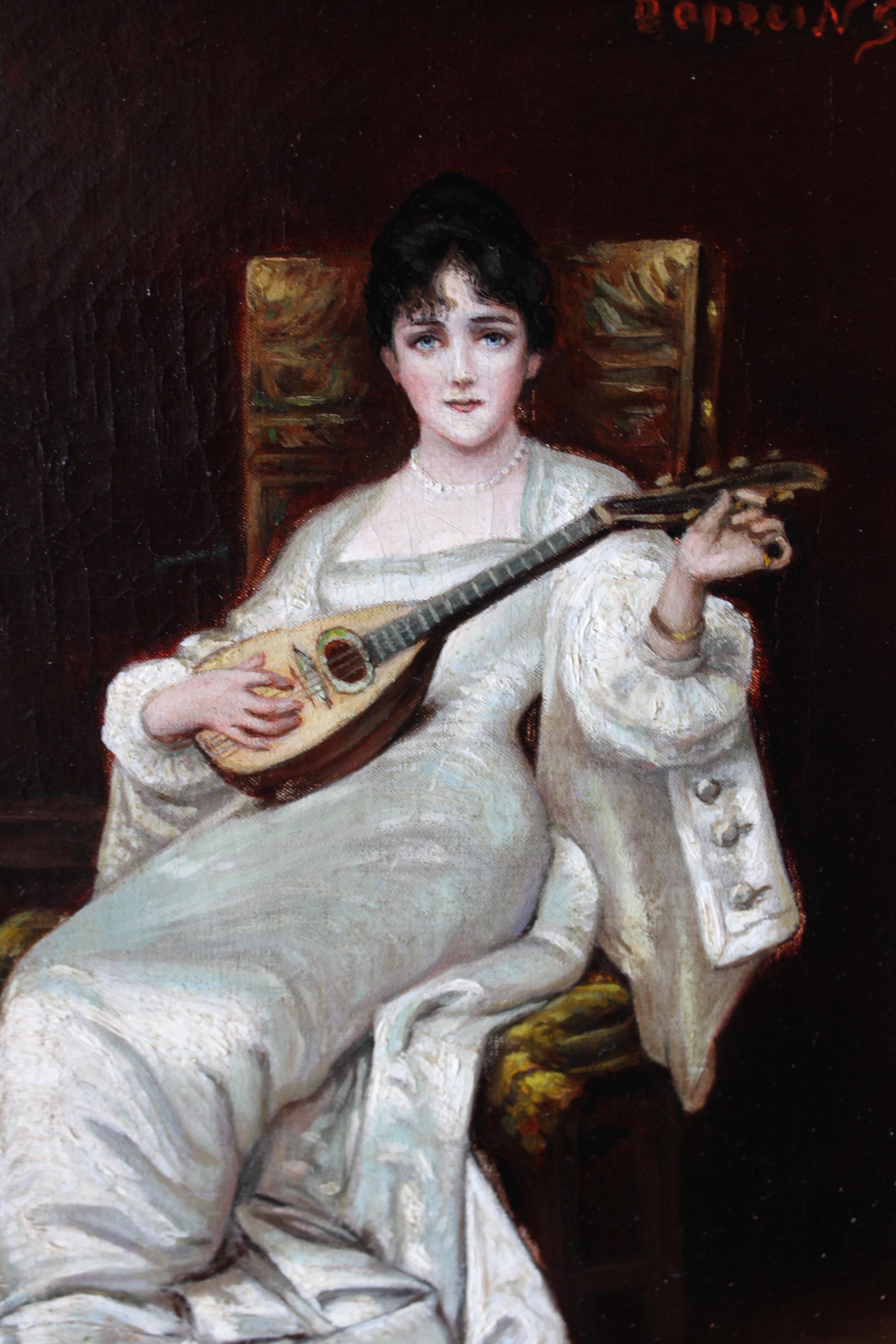 Ancienne peinture à l'huile de portrait féminin 1800 femme jouant de la mandoline - Painting de Unknown
