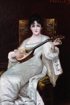 Antique French Female Portrait oil painting 1800’s woman playing a mandolin